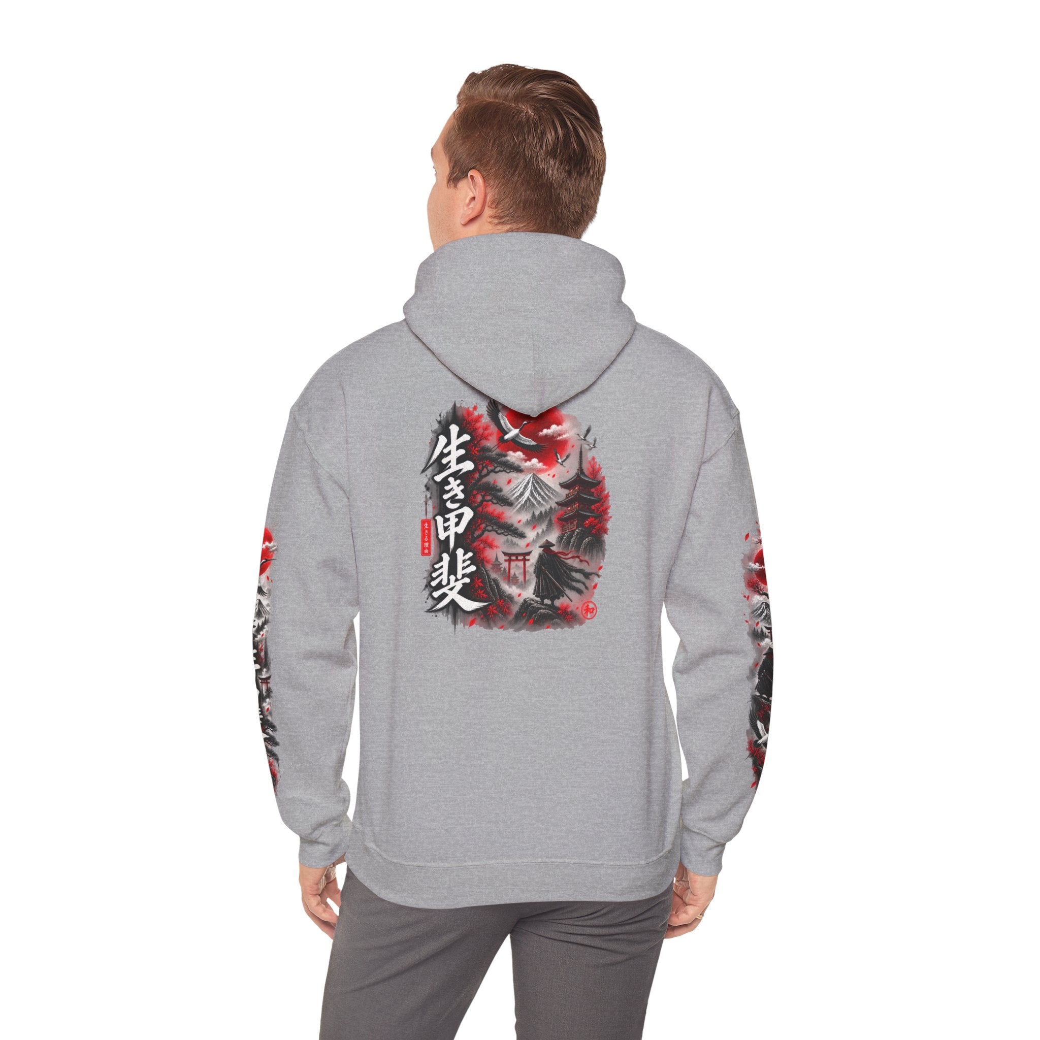 Japanese Oni Mask Hoodie – Red & Black Temple Graphic with Kanji Sleeve Art