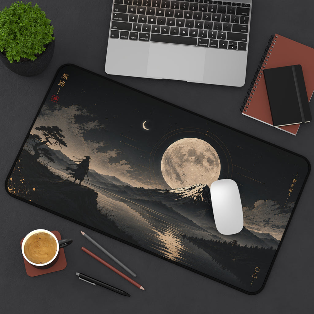 Moonlit Mountain Desk Mat — Samurai Nightscape Mouse Pad