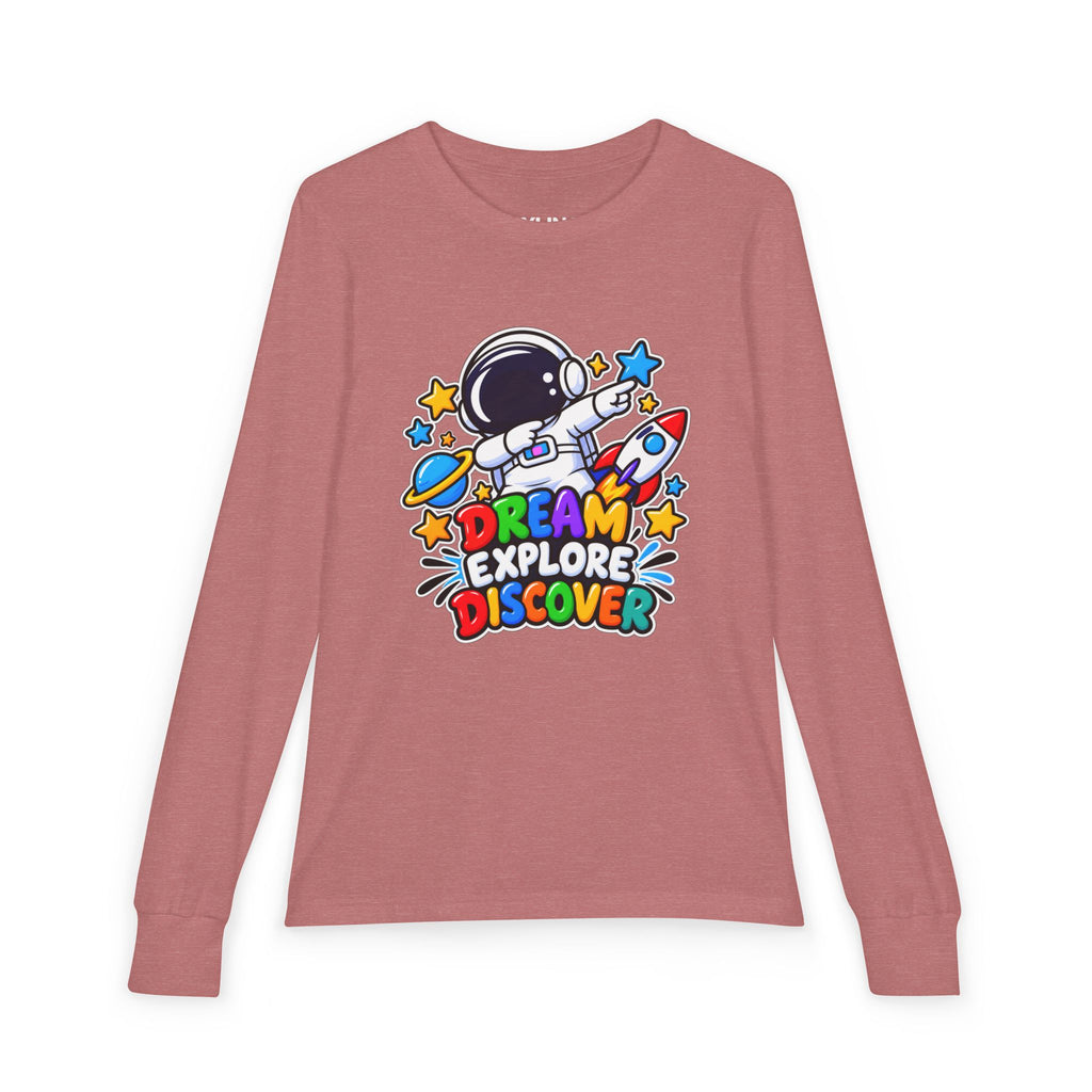 Youth Long Sleeve Tee — 'Dream Explore Discover' Colorful Space Kids Shirt