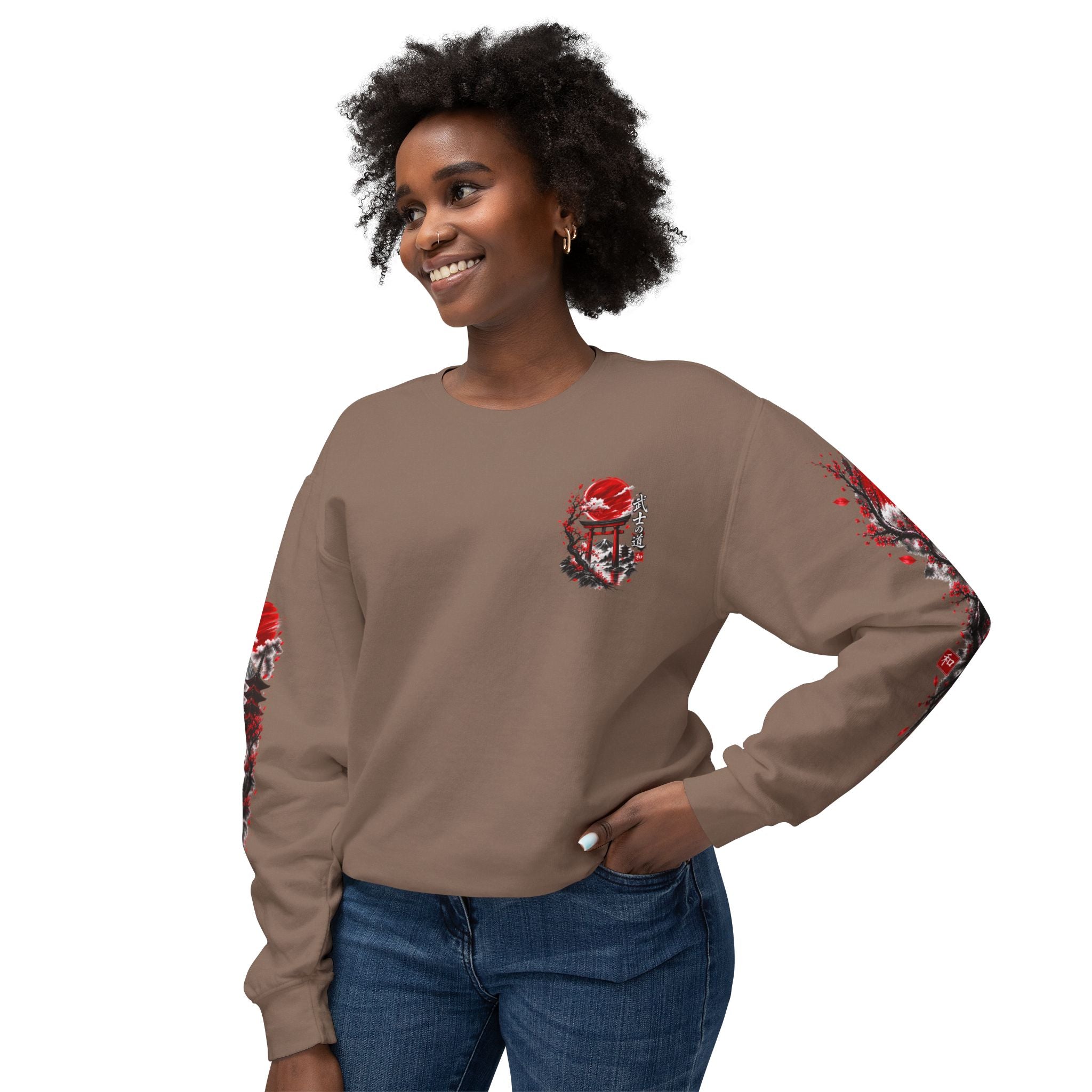 Japanese Samurai Landscape Sweatshirt — Red Sun, Crane & Kanji Crewneck