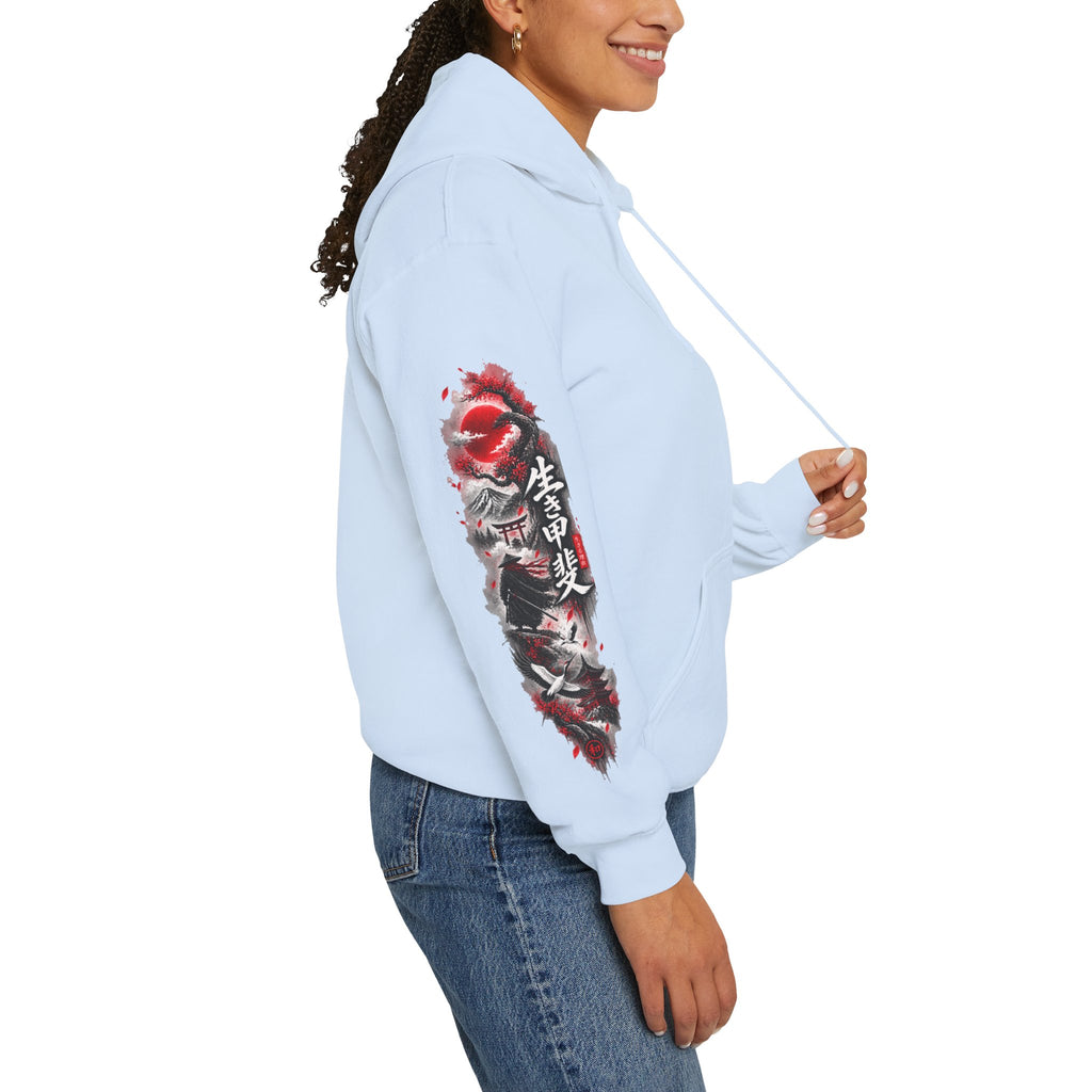 Japanese Oni Mask Hoodie – Red & Black Temple Graphic with Kanji Sleeve Art
