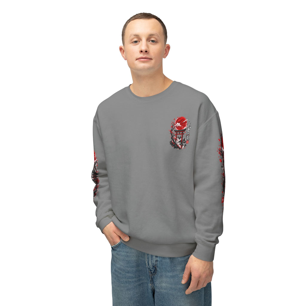 Japanese Samurai Landscape Sweatshirt — Red Sun, Crane & Kanji Crewneck