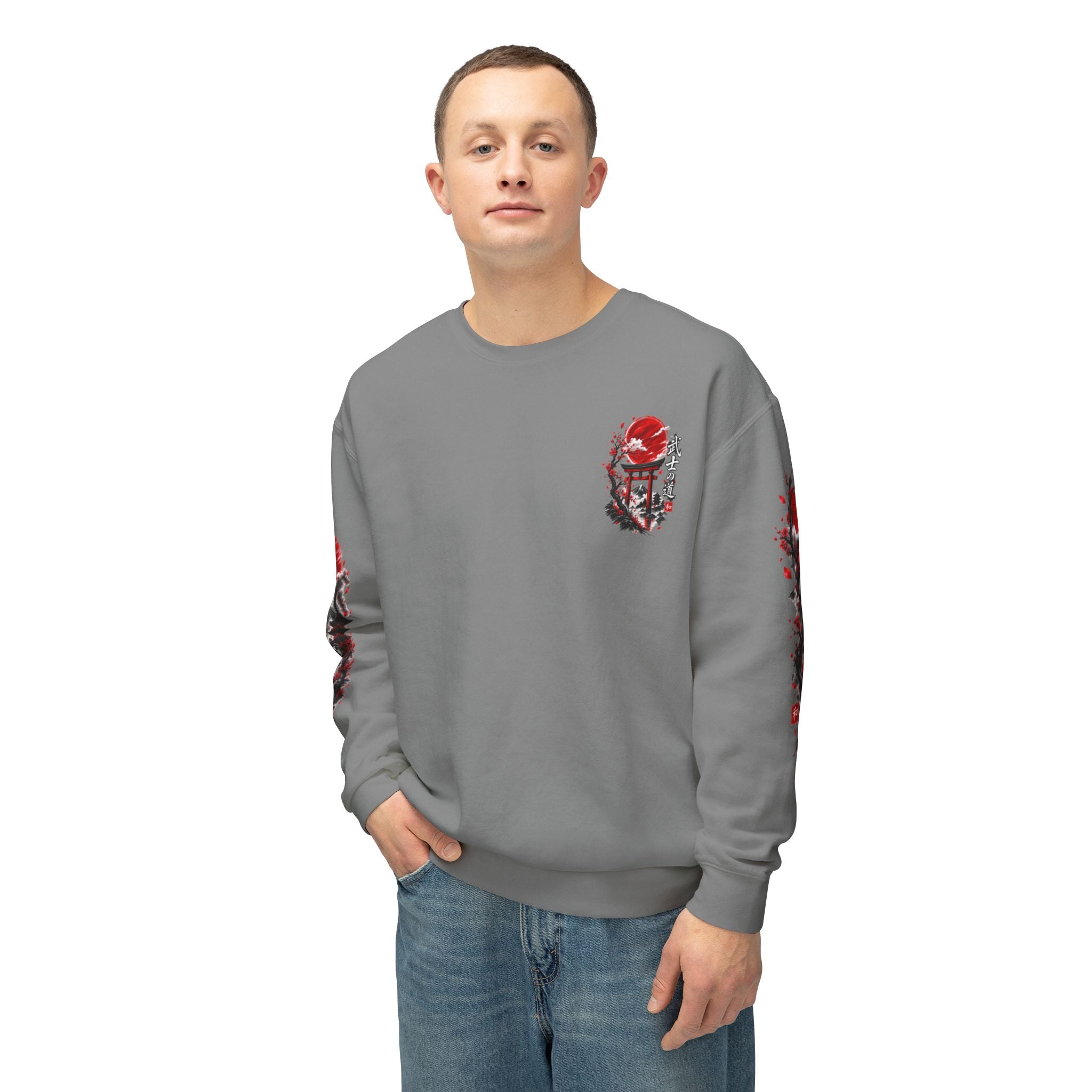 Japanese Samurai Landscape Sweatshirt — Red Sun, Crane & Kanji Crewneck