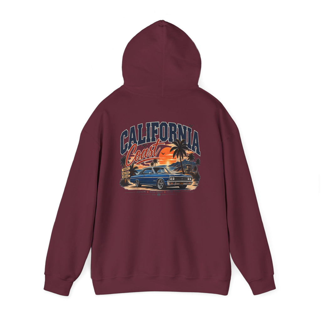 California Coast Hoodie — Vintage Car Sunset Palm Beach Graphic