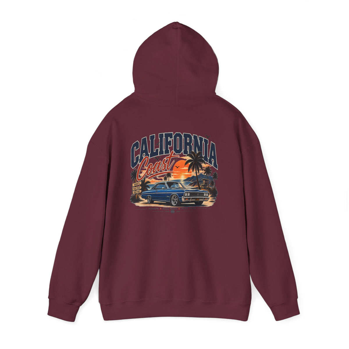 California Coast Hoodie — Vintage Car Sunset Palm Beach Graphic