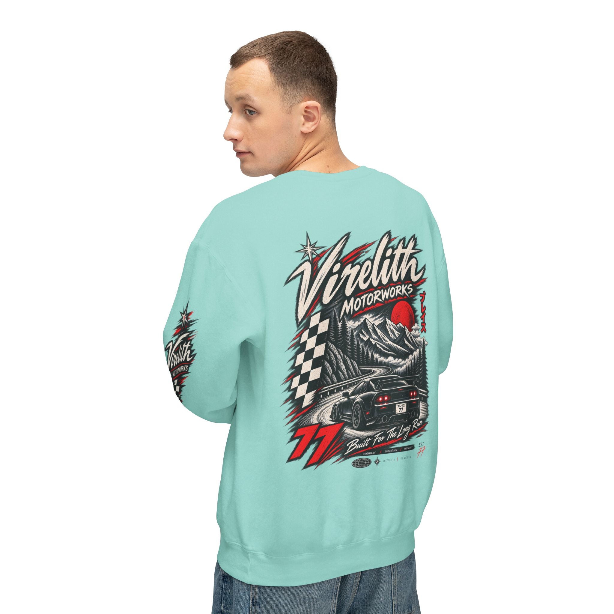 Motorworks Racing Crewneck Sweatshirt | Vintage Sleeve Graphic