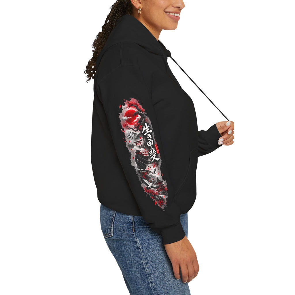 Japanese Oni Mask Hoodie – Red & Black Temple Graphic with Kanji Sleeve Art