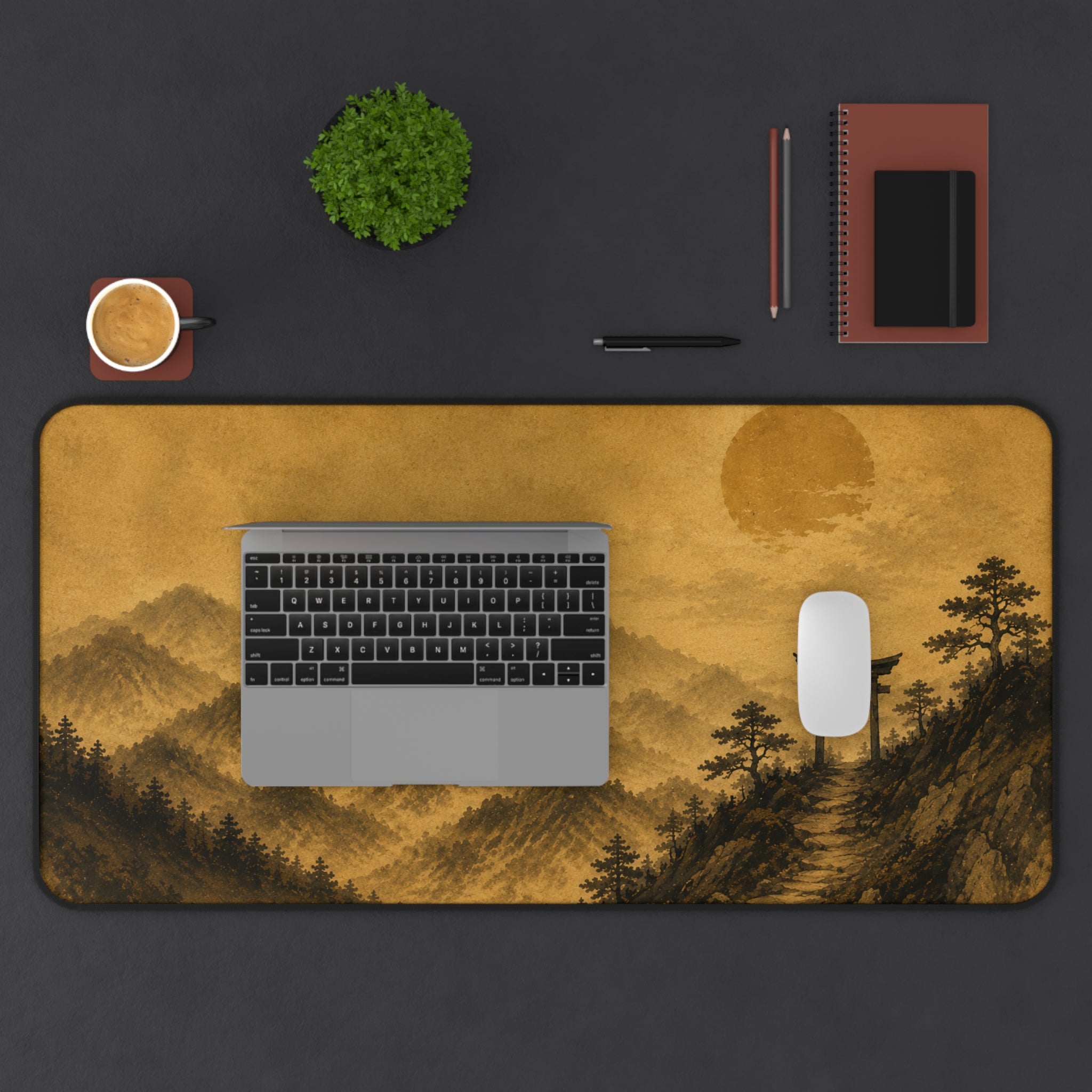 Japanese Torii Mountain Desk Mat — Vintage Sepia Landscape Gaming Mousepad