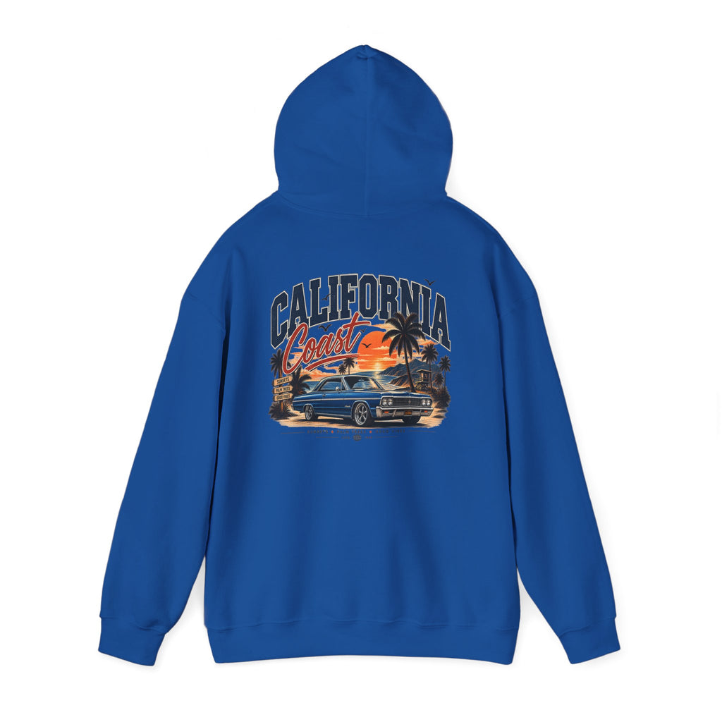 California Coast Hoodie — Vintage Car Sunset Palm Beach Graphic
