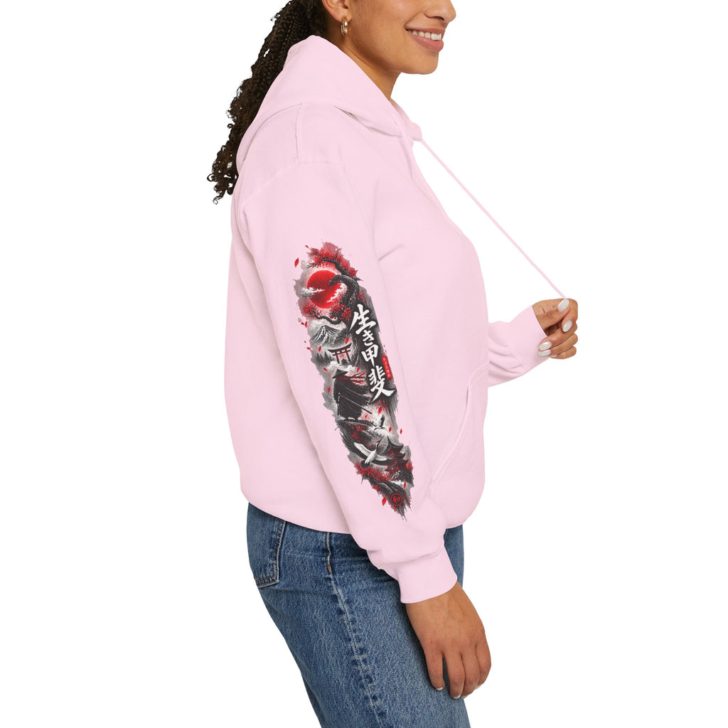 Japanese Oni Mask Hoodie – Red & Black Temple Graphic with Kanji Sleeve Art