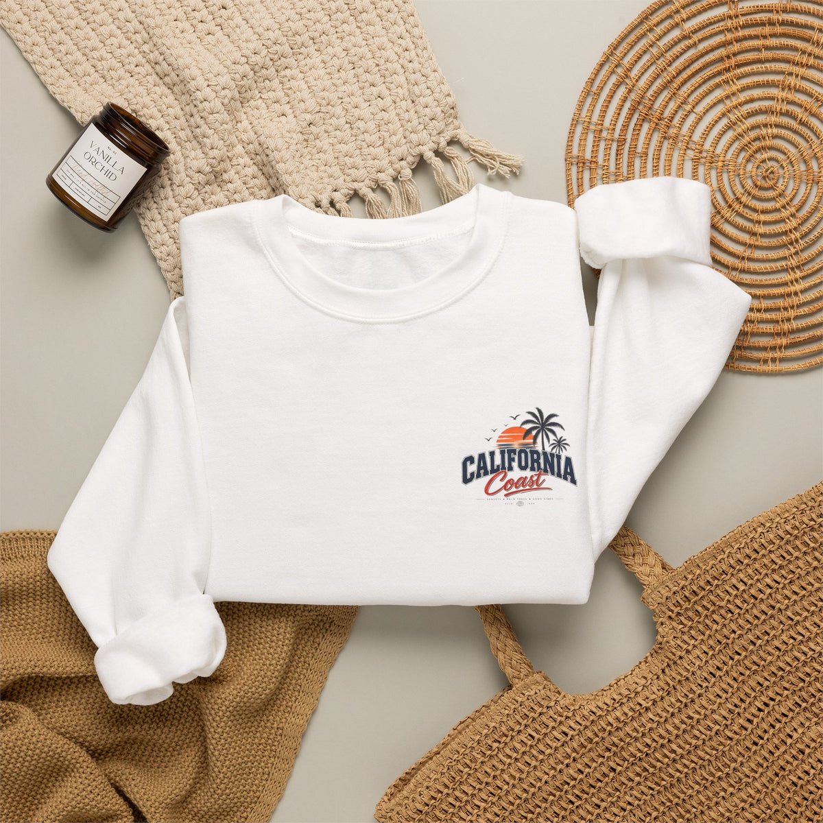California Coast Crewneck Sweatshirt — Retro Palm Tree Graphic