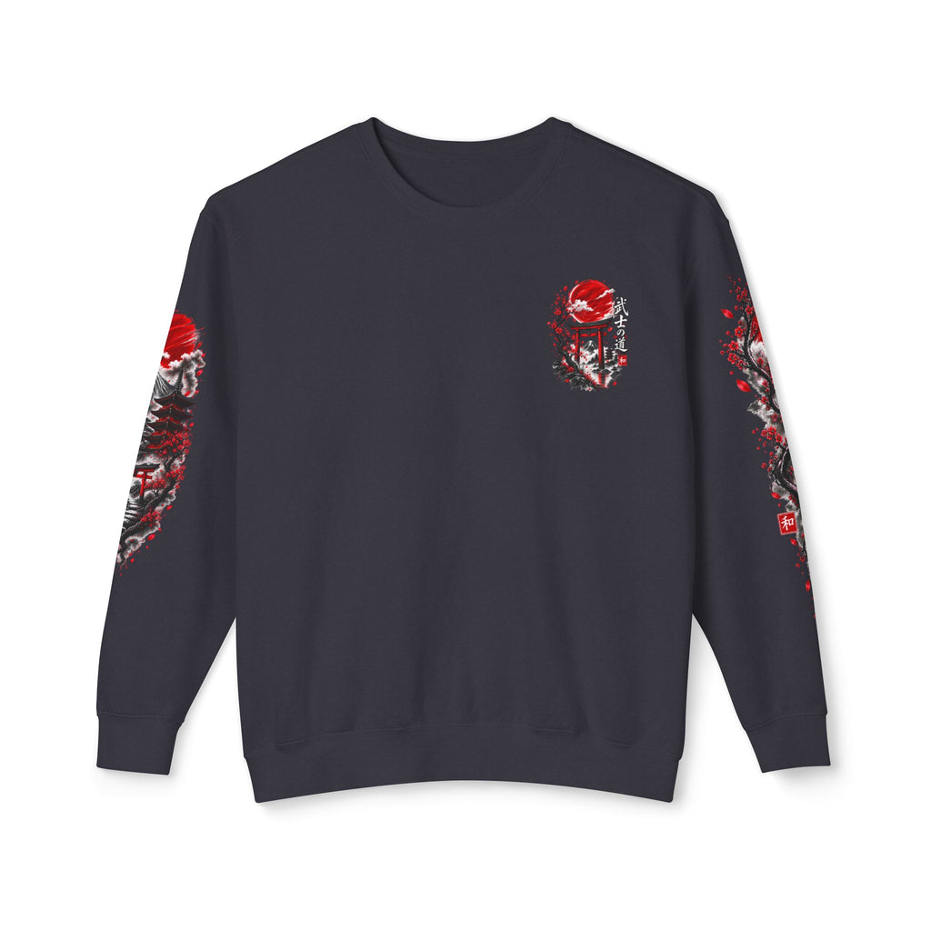 Japanese Samurai Landscape Sweatshirt — Red Sun, Crane & Kanji Crewneck