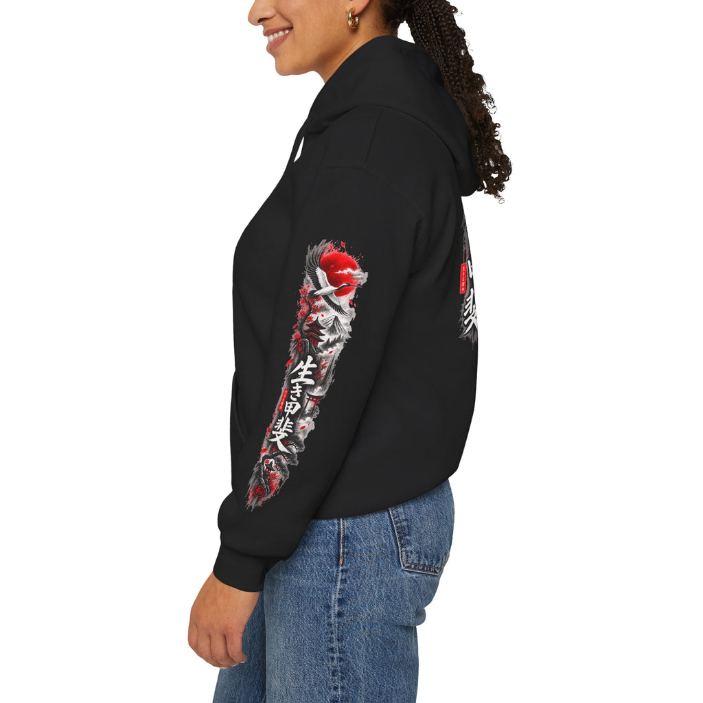 Japanese Oni Mask Hoodie – Red & Black Temple Graphic with Kanji Sleeve Art