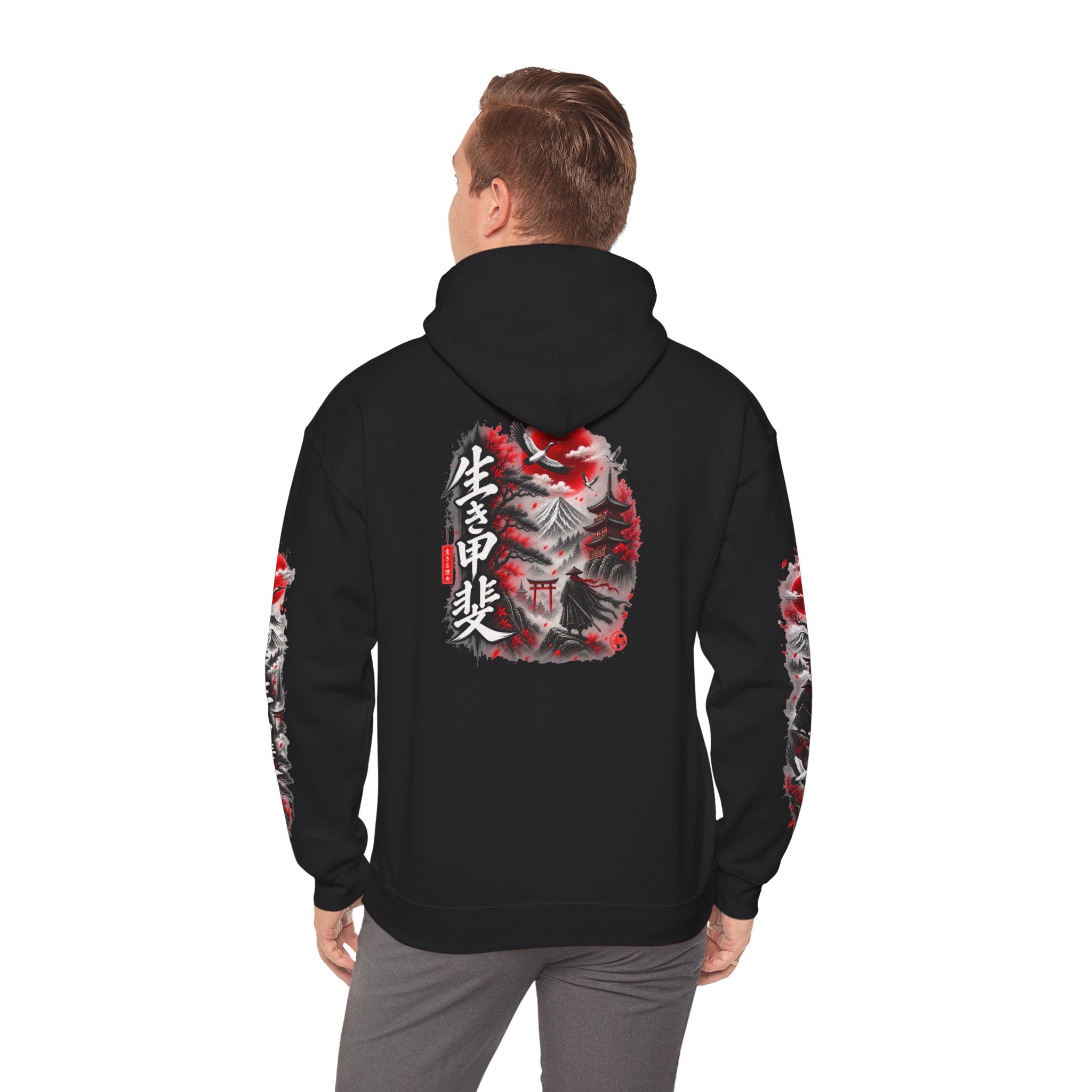 Japanese Oni Mask Hoodie – Red & Black Temple Graphic with Kanji Sleeve Art