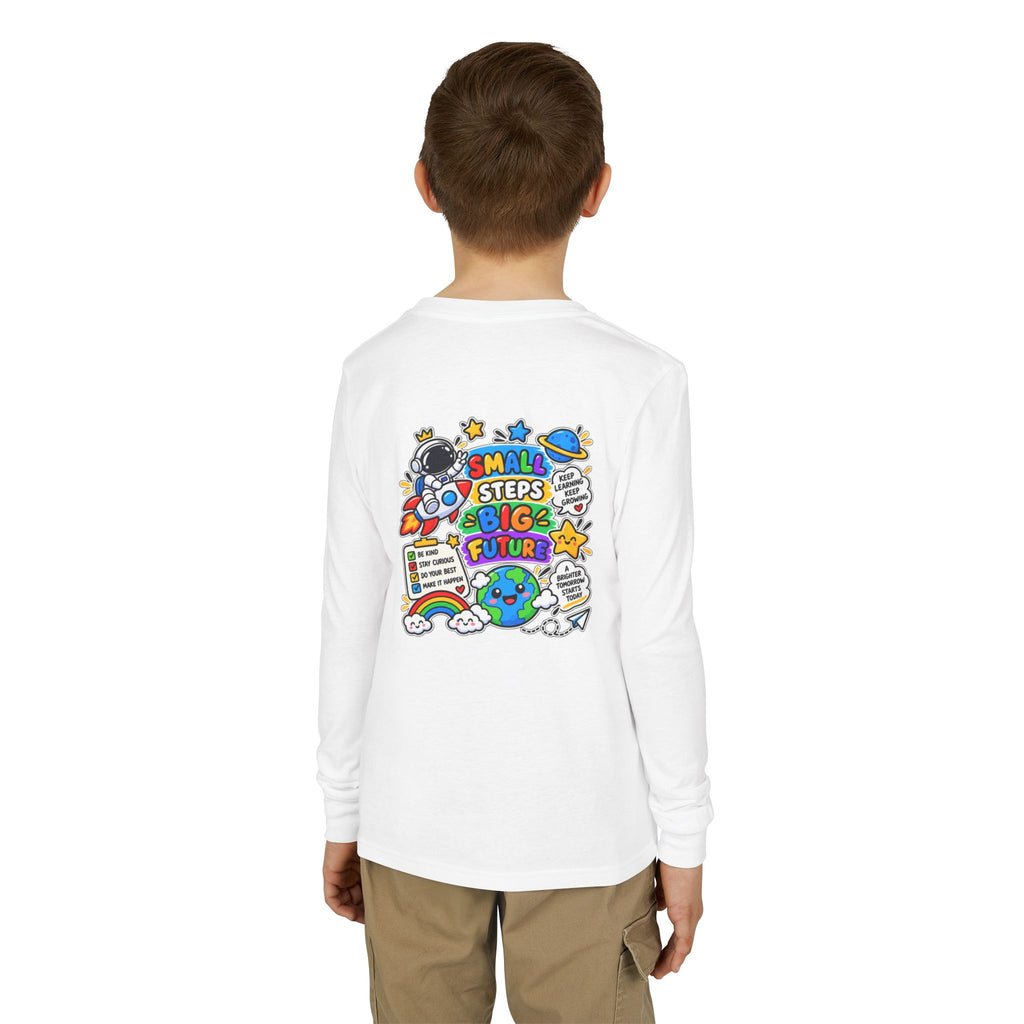 Youth Long Sleeve Tee — 'Dream Explore Discover' Colorful Space Kids Shirt