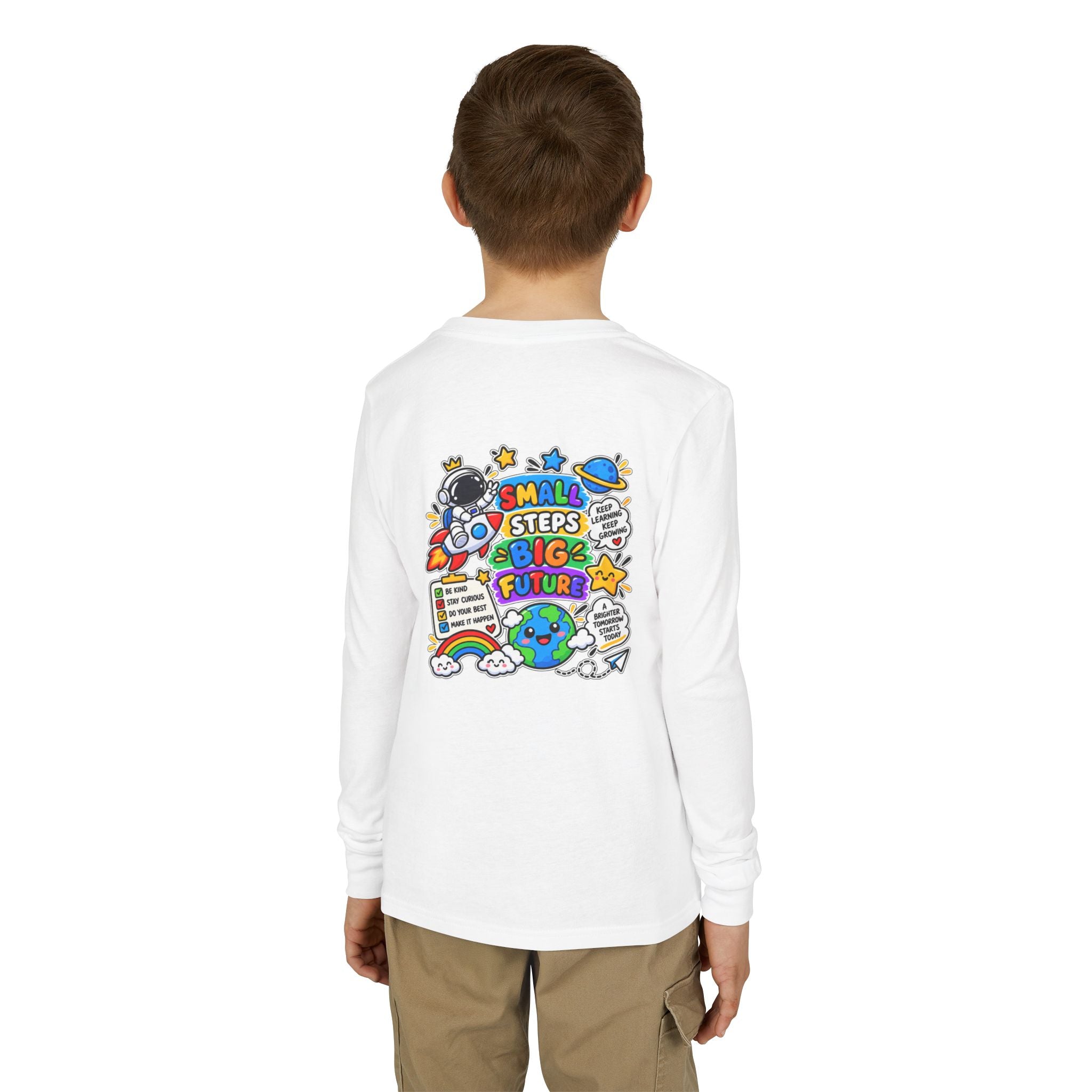 Youth Long Sleeve Tee — 'Dream Explore Discover' Colorful Space Kids Shirt