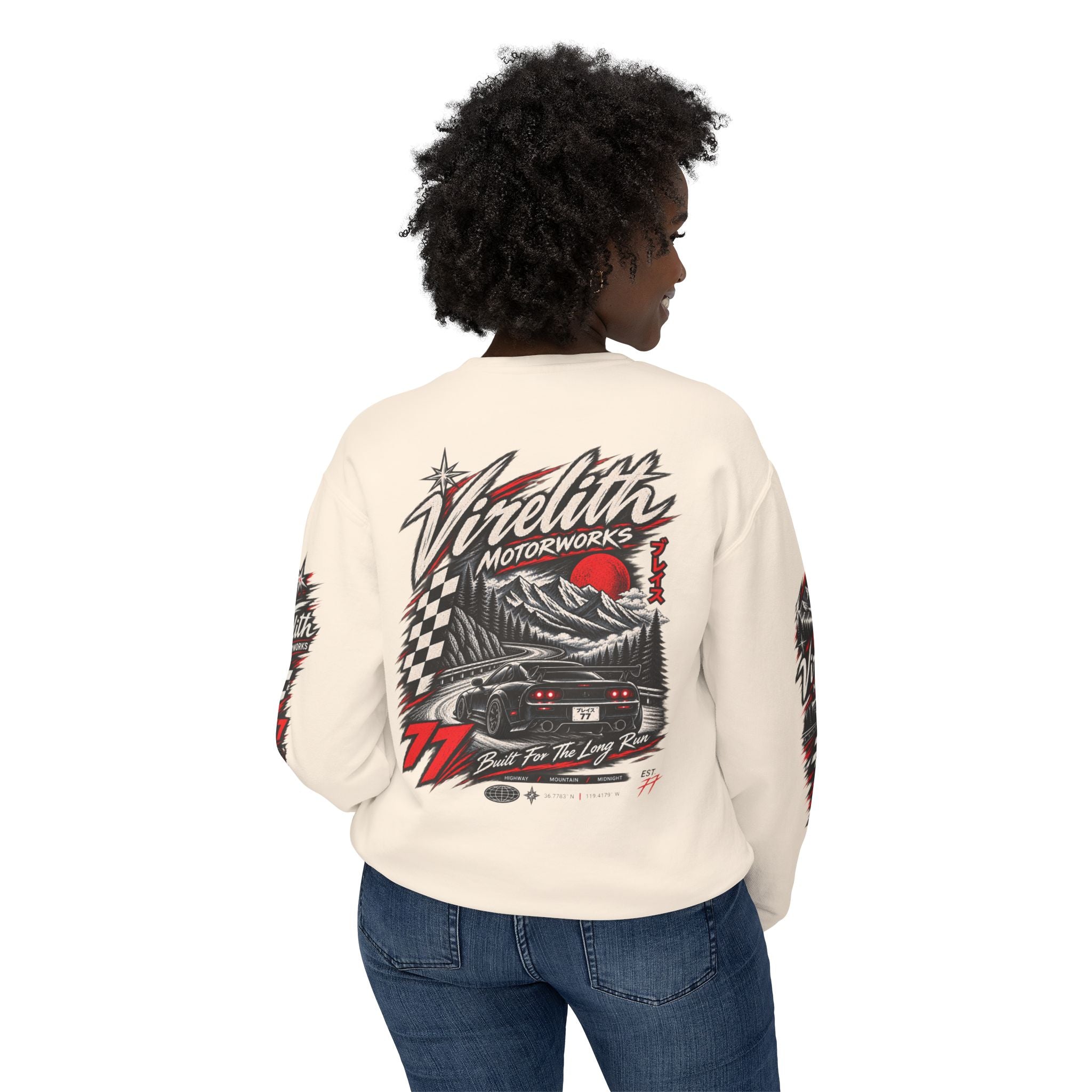 Motorworks Racing Crewneck Sweatshirt | Vintage Sleeve Graphic