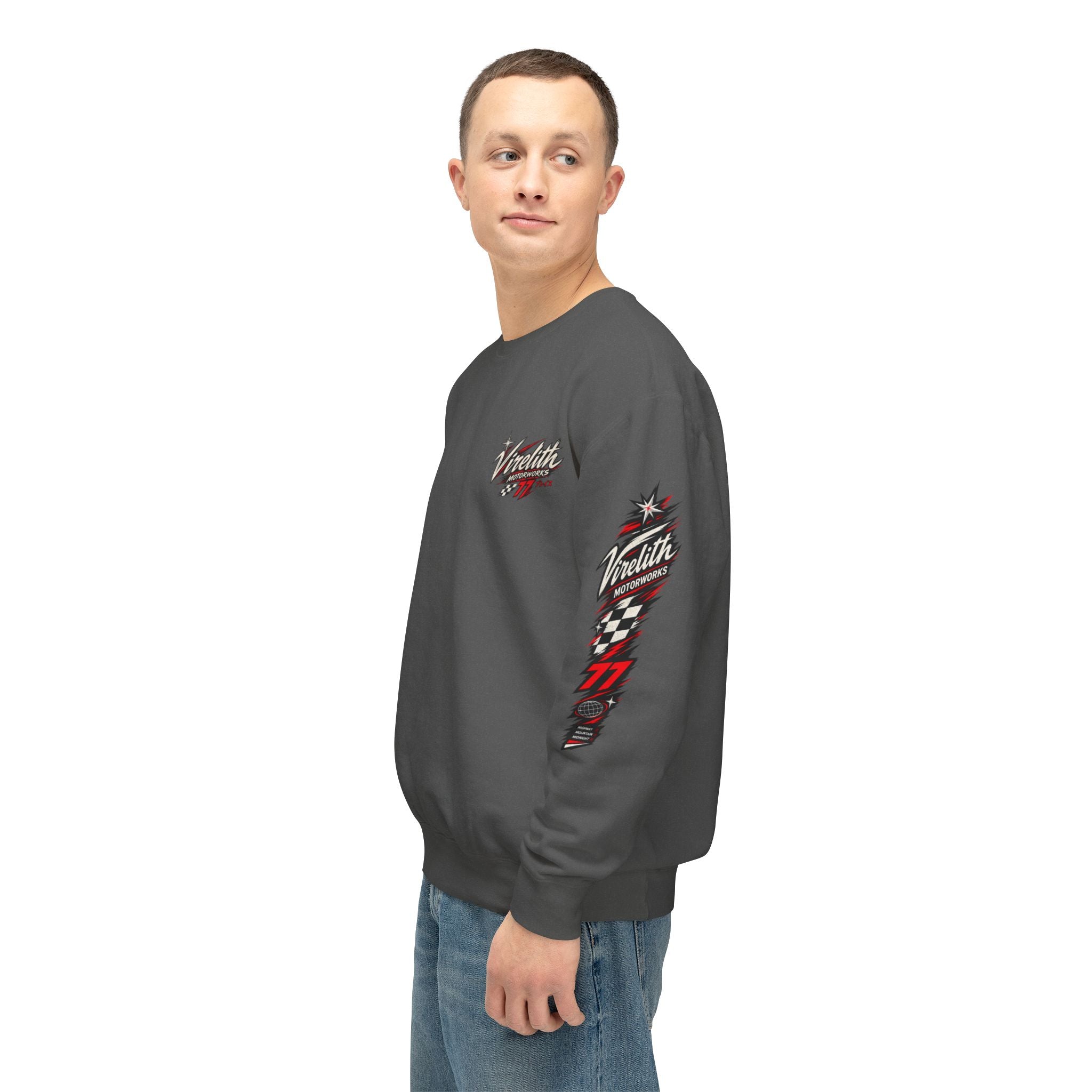 Motorworks Racing Crewneck Sweatshirt | Vintage Sleeve Graphic