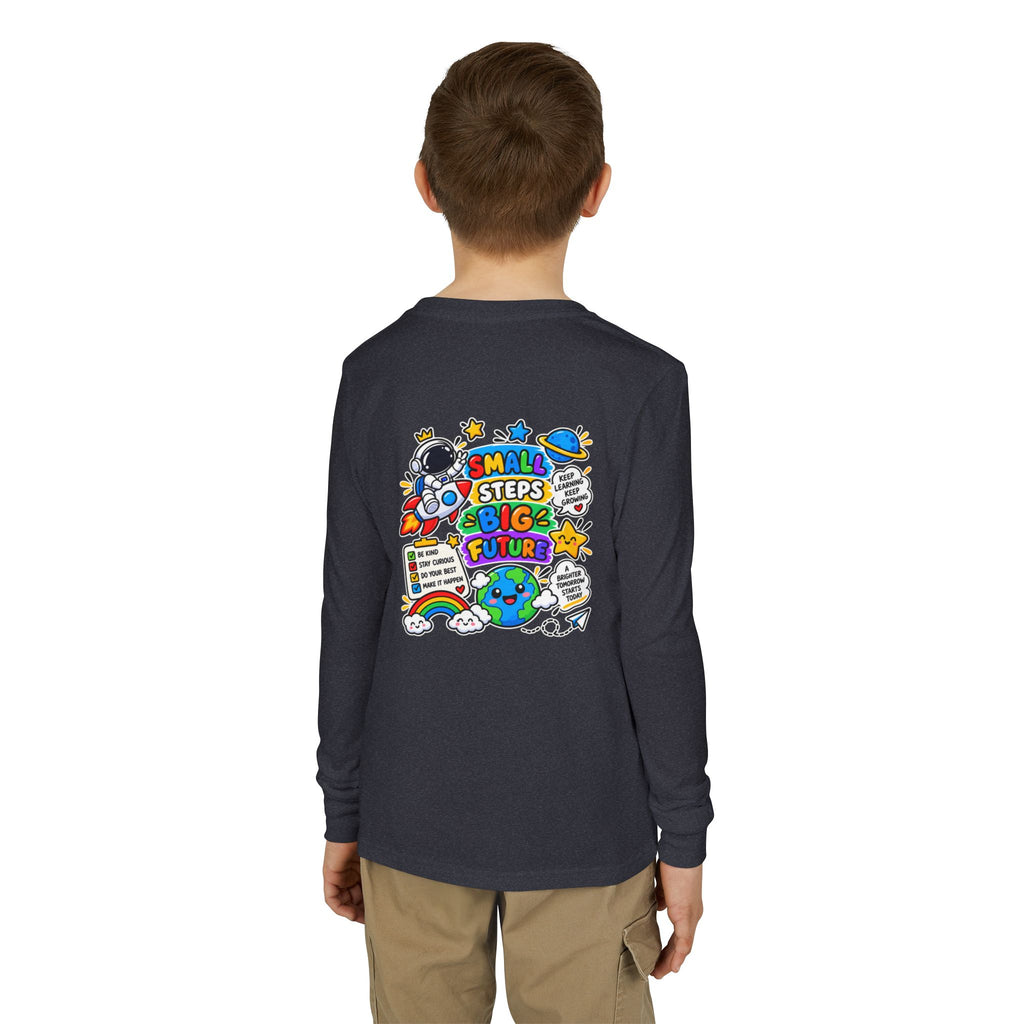 Youth Long Sleeve Tee — 'Dream Explore Discover' Colorful Space Kids Shirt