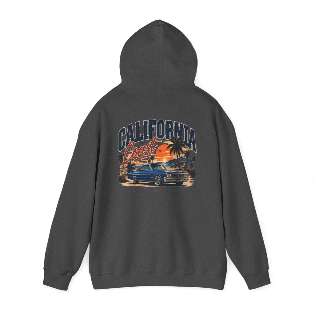 California Coast Hoodie — Vintage Car Sunset Palm Beach Graphic
