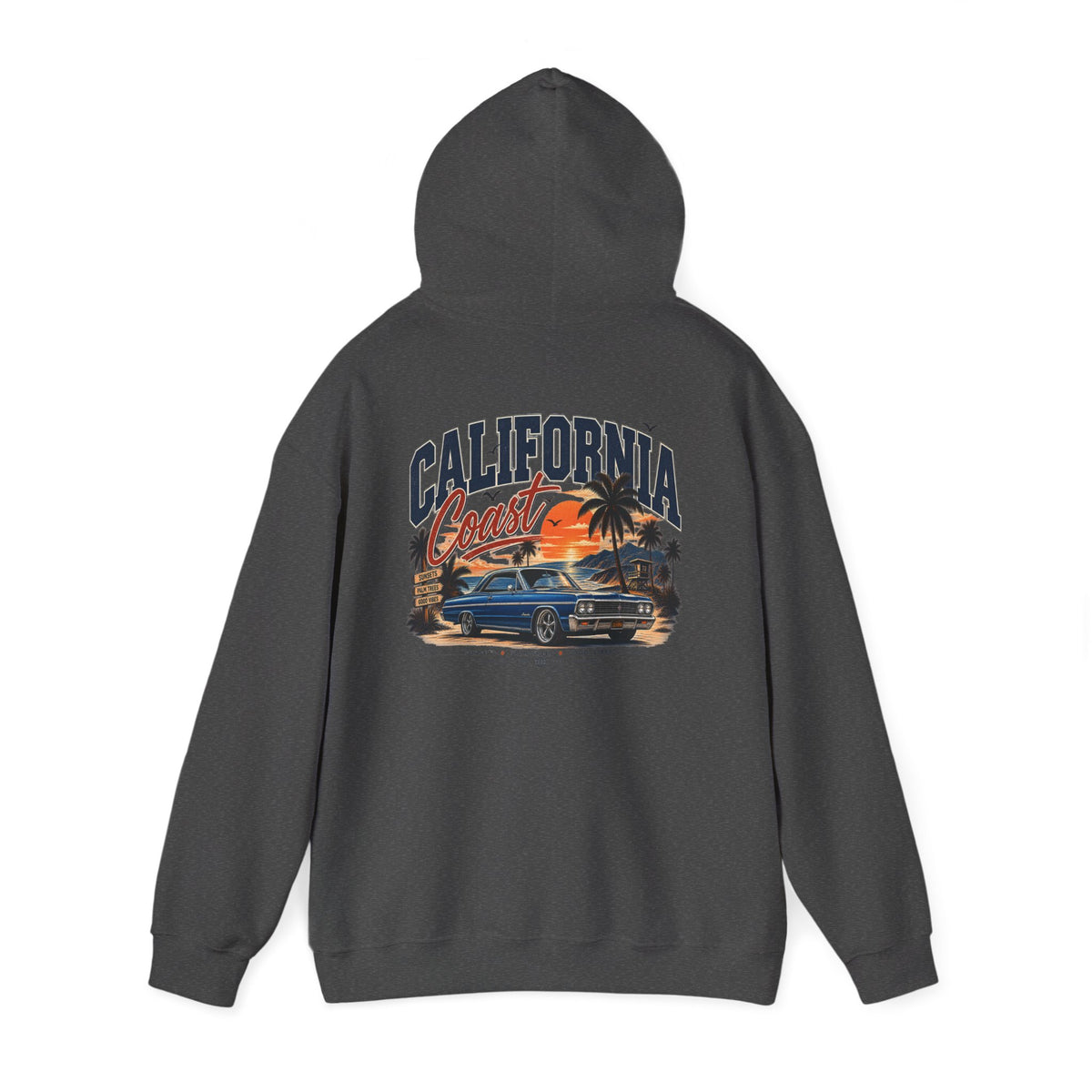 California Coast Hoodie — Vintage Car Sunset Palm Beach Graphic