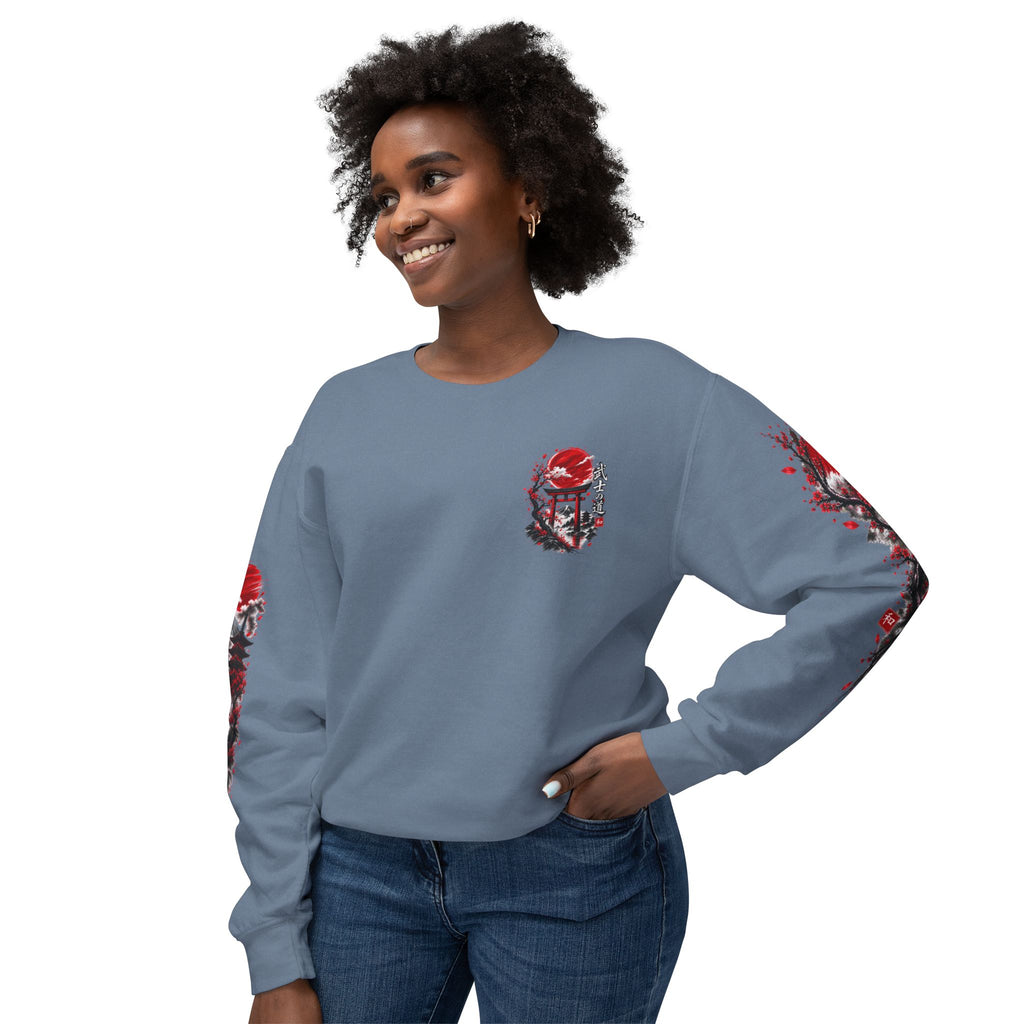 Japanese Samurai Landscape Sweatshirt — Red Sun, Crane & Kanji Crewneck