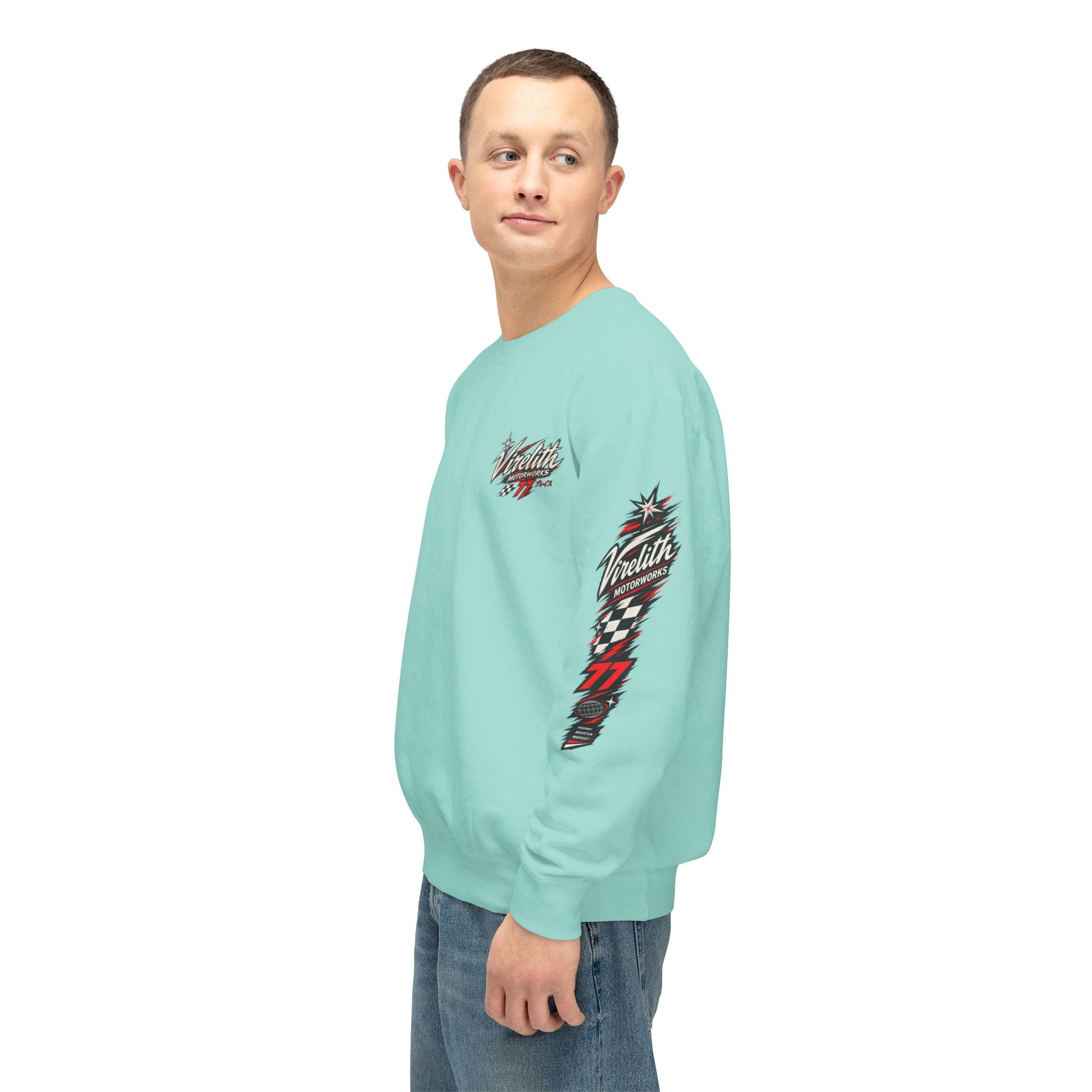 Motorworks Racing Crewneck Sweatshirt | Vintage Sleeve Graphic