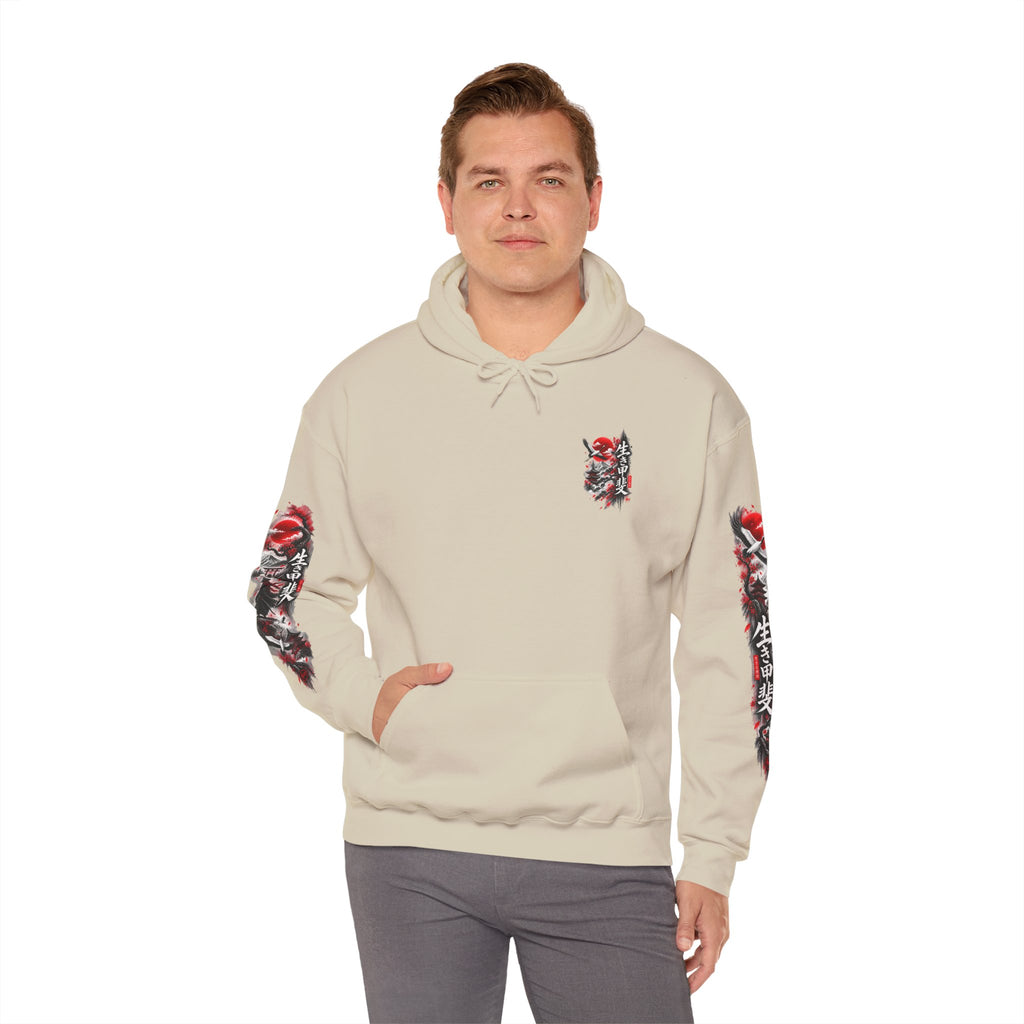Japanese Oni Mask Hoodie – Red & Black Temple Graphic with Kanji Sleeve Art