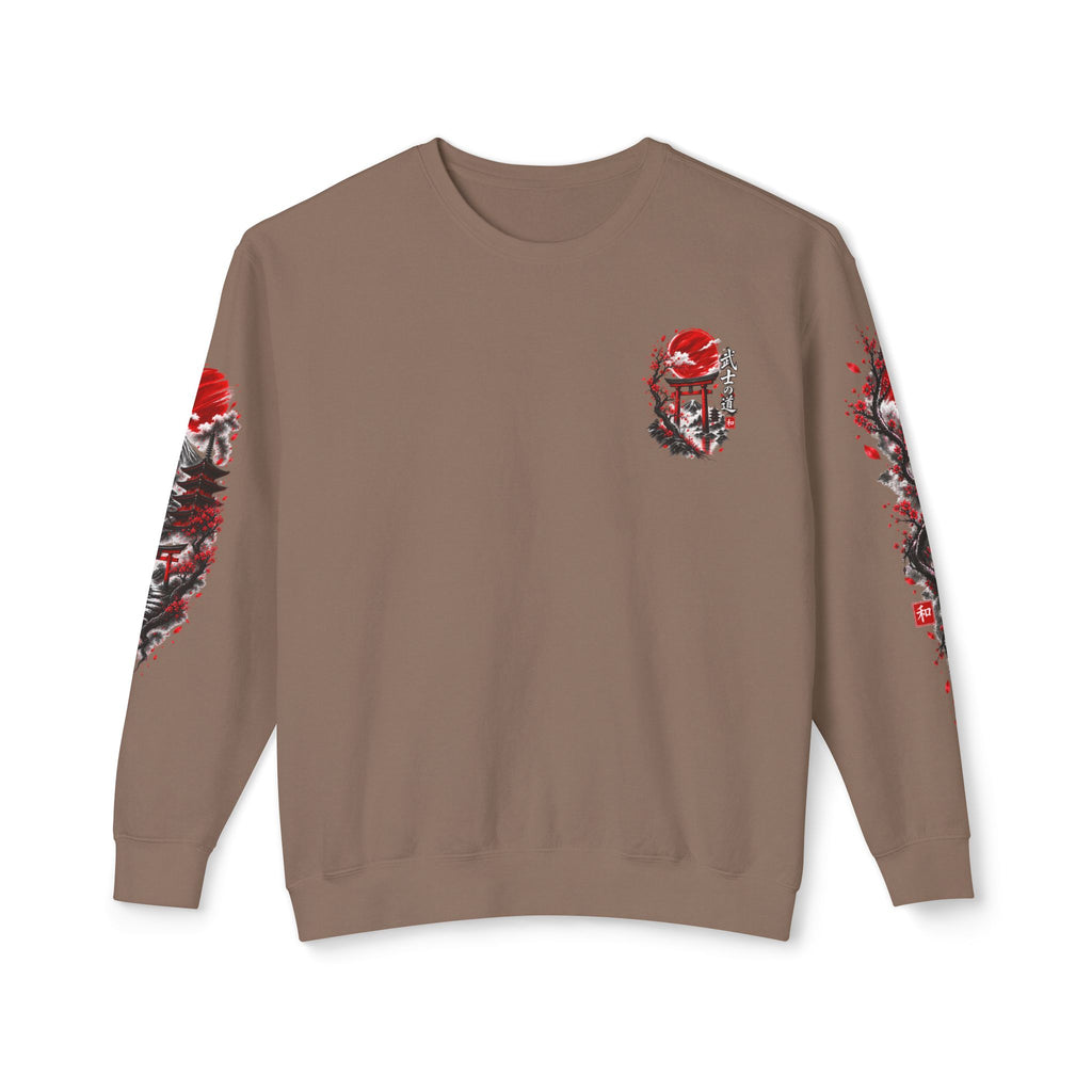 Japanese Samurai Landscape Sweatshirt — Red Sun, Crane & Kanji Crewneck