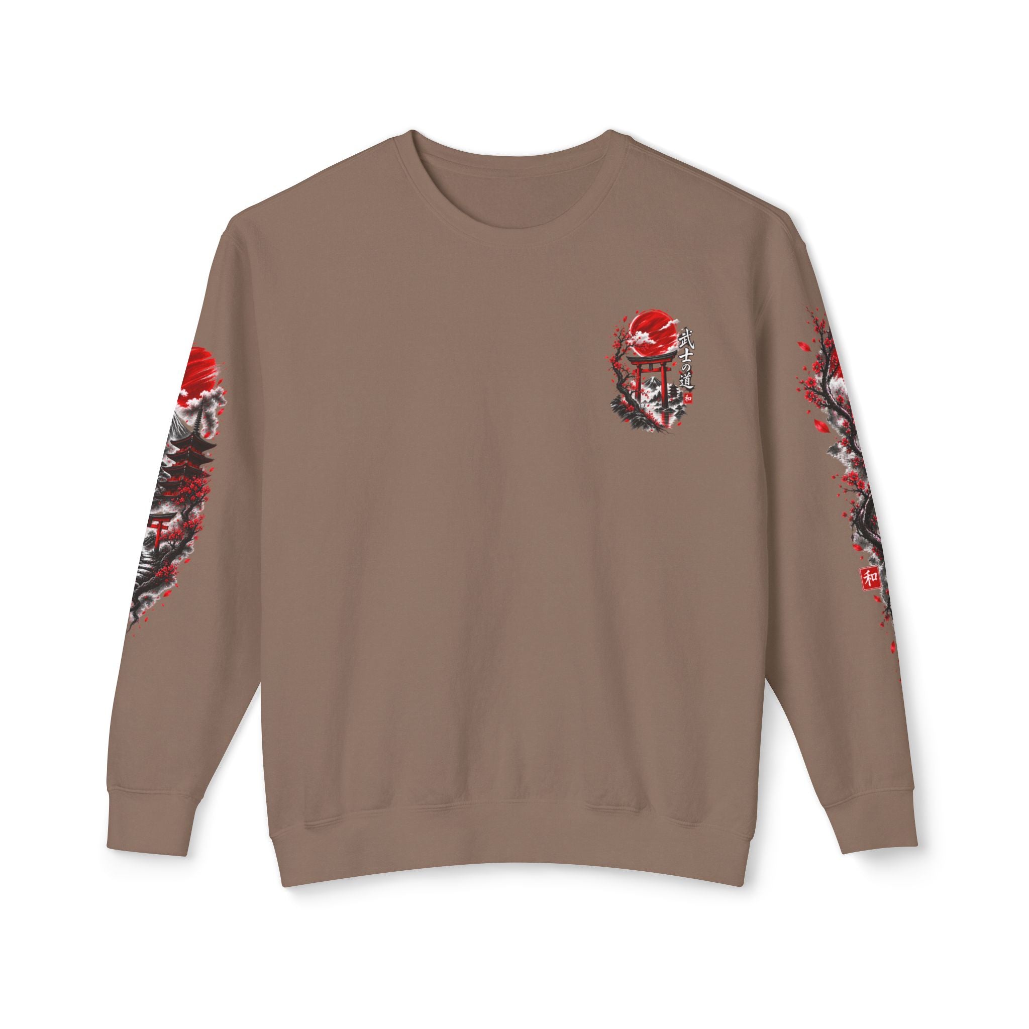 Japanese Samurai Landscape Sweatshirt — Red Sun, Crane & Kanji Crewneck