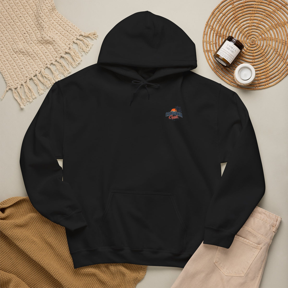 California Coast Hoodie — Vintage Car Sunset Palm Beach Graphic