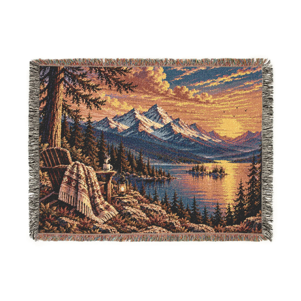 Mountain Lake Woven Blanket — Sunset Scenic Throw for Cabin, Camping & Cozy Home Decor