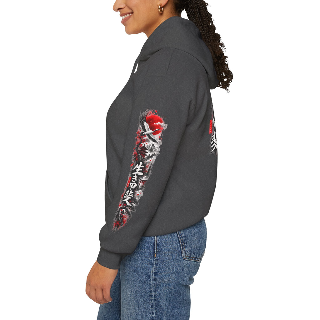Japanese Oni Mask Hoodie – Red & Black Temple Graphic with Kanji Sleeve Art