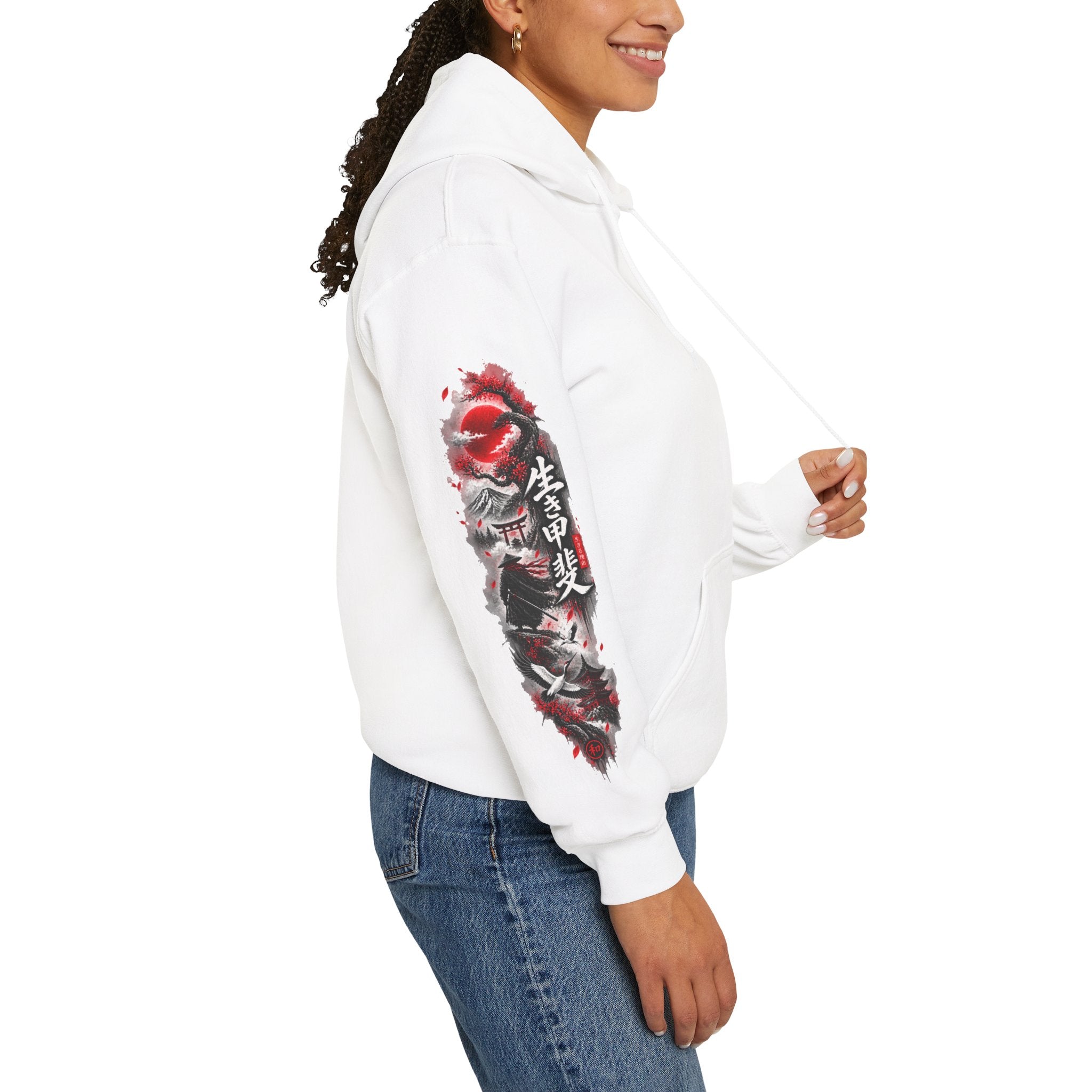 Japanese Oni Mask Hoodie – Red & Black Temple Graphic with Kanji Sleeve Art