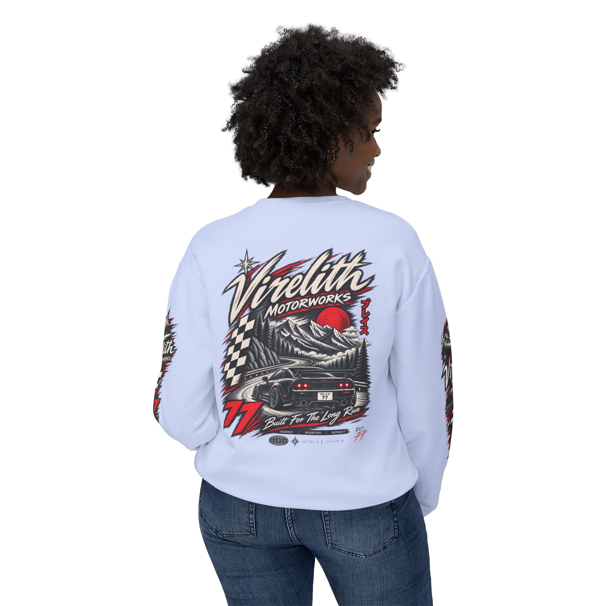 Motorworks Racing Crewneck Sweatshirt | Vintage Sleeve Graphic