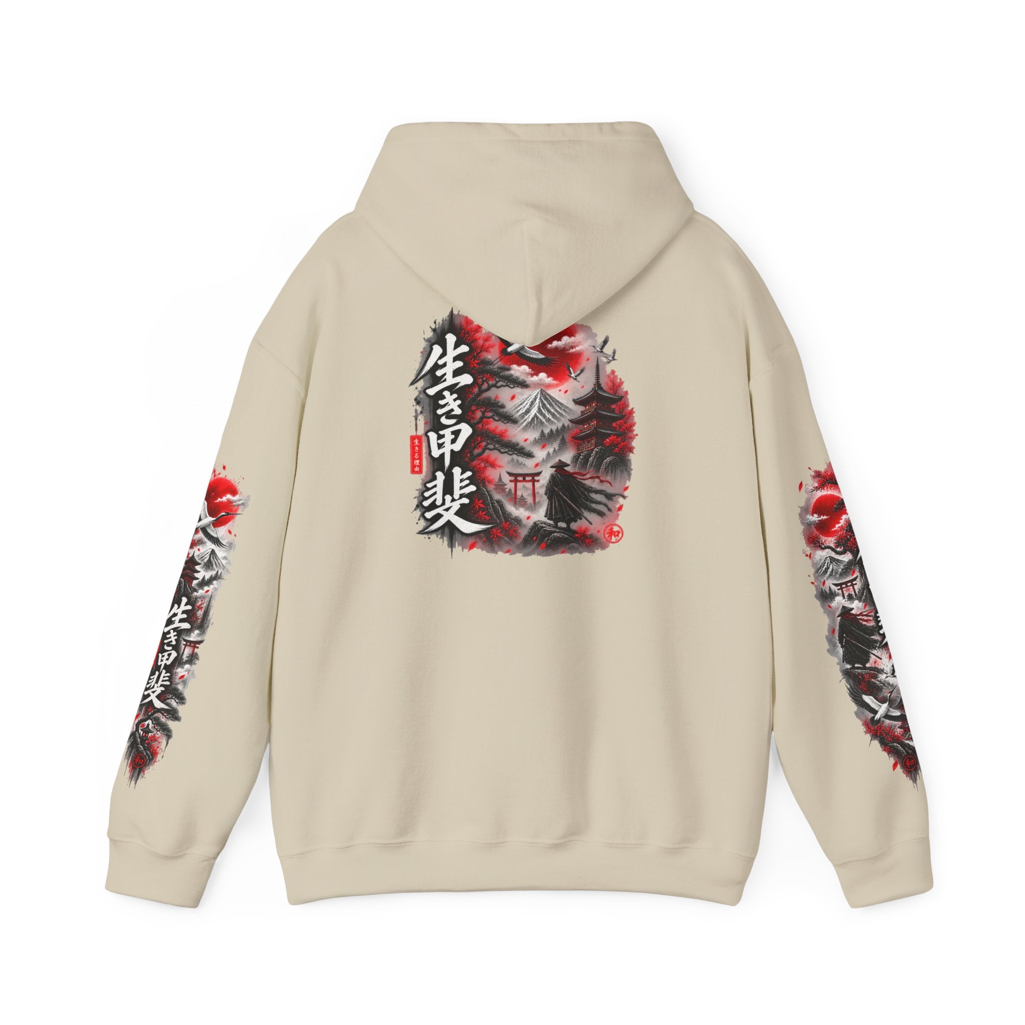 Japanese Oni Mask Hoodie – Red & Black Temple Graphic with Kanji Sleeve Art