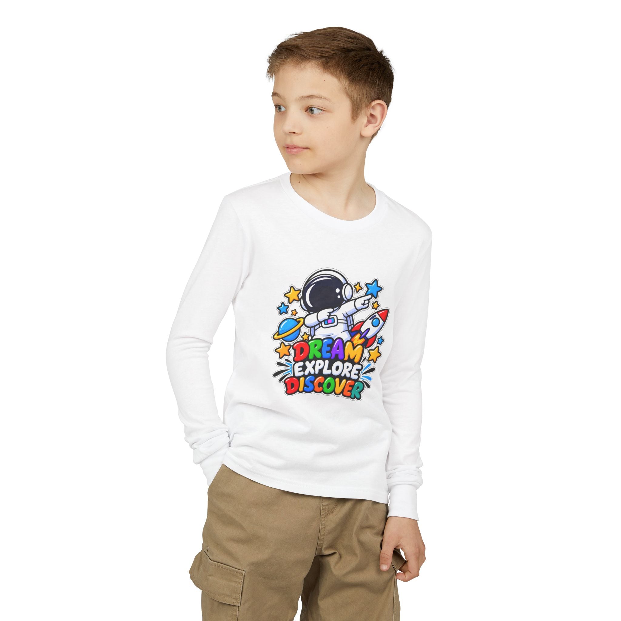 Youth Long Sleeve Tee — 'Dream Explore Discover' Colorful Space Kids Shirt