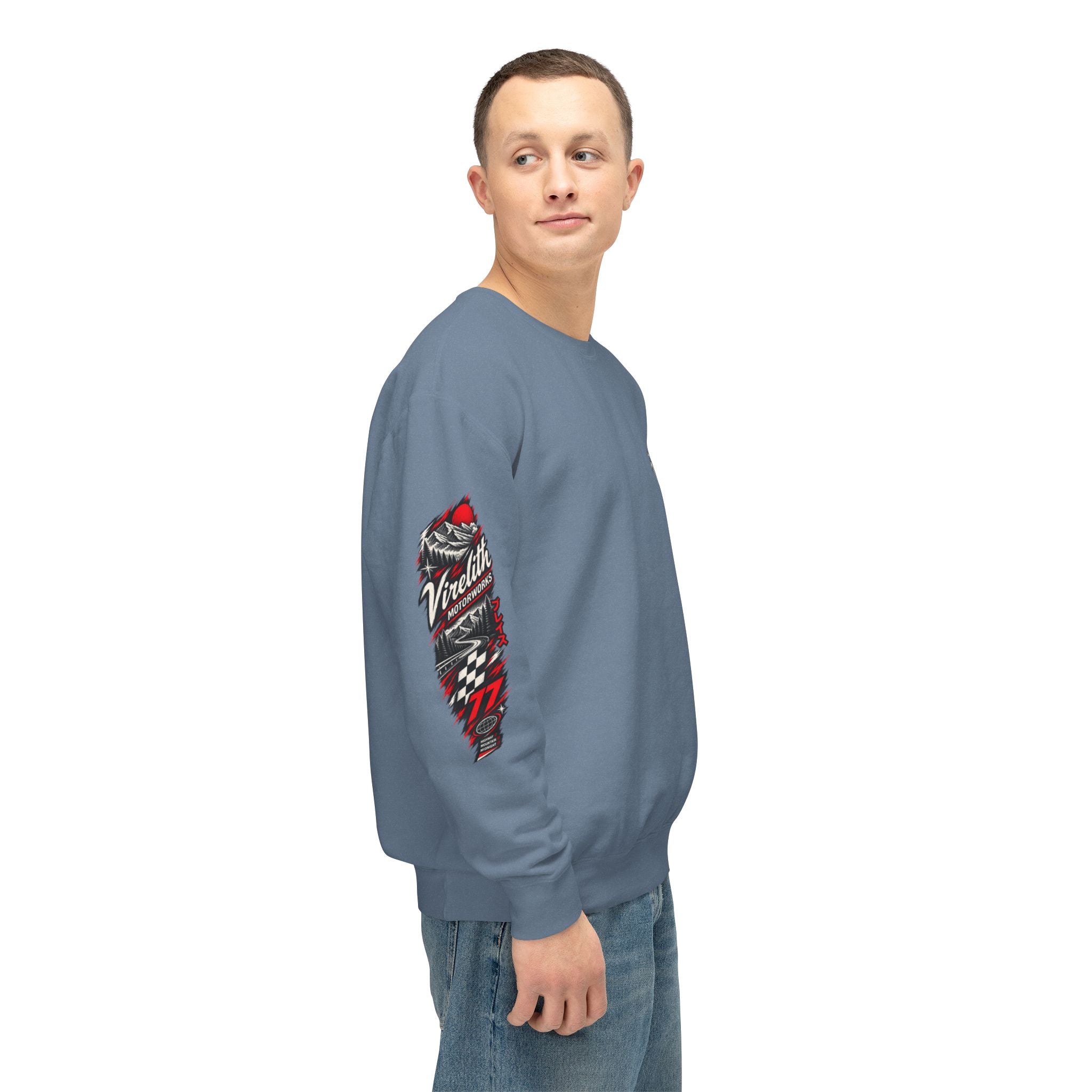 Motorworks Racing Crewneck Sweatshirt | Vintage Sleeve Graphic