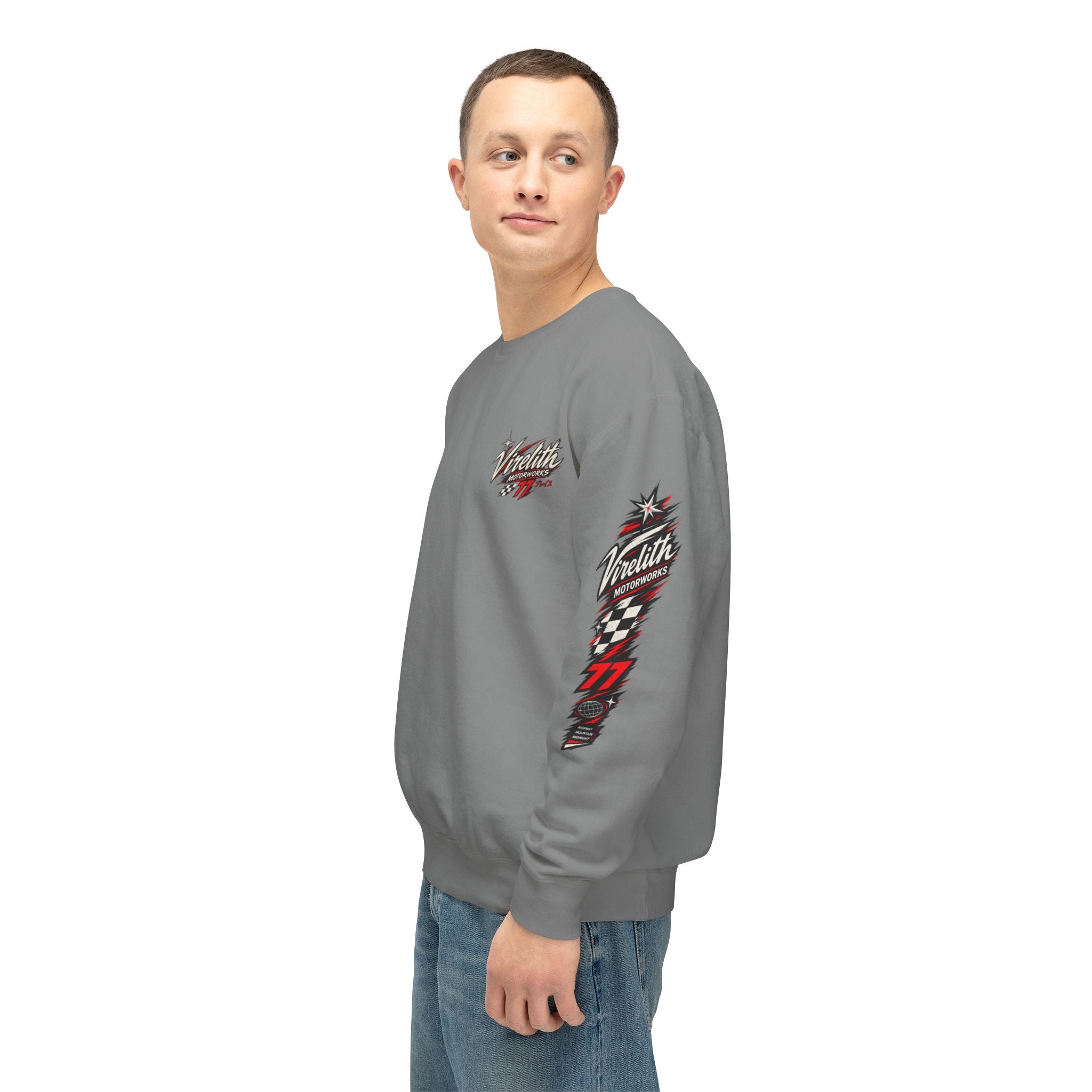 Motorworks Racing Crewneck Sweatshirt | Vintage Sleeve Graphic