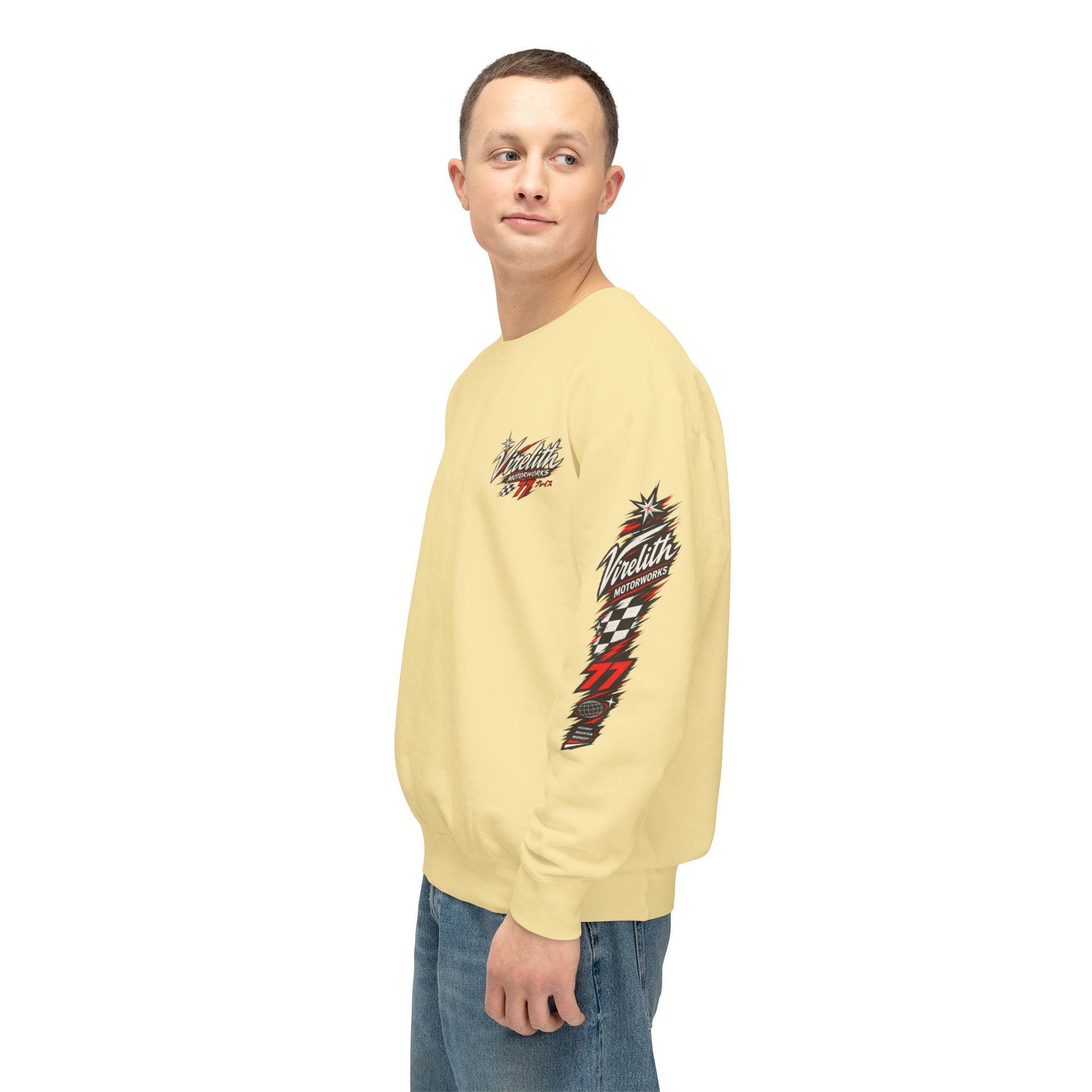 Motorworks Racing Crewneck Sweatshirt | Vintage Sleeve Graphic