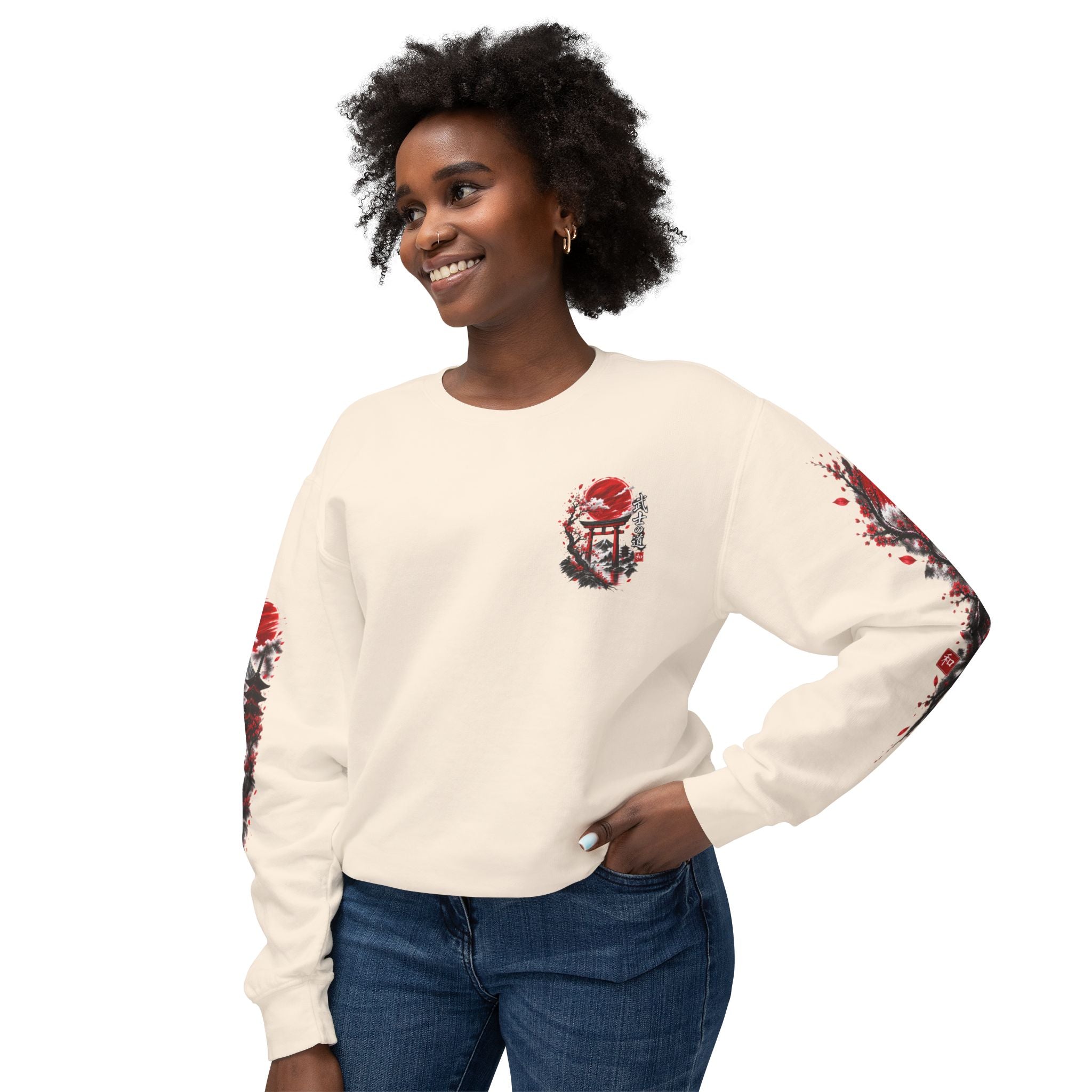 Japanese Samurai Landscape Sweatshirt — Red Sun, Crane & Kanji Crewneck