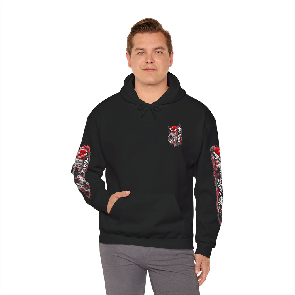 Japanese Oni Mask Hoodie – Red & Black Temple Graphic with Kanji Sleeve Art