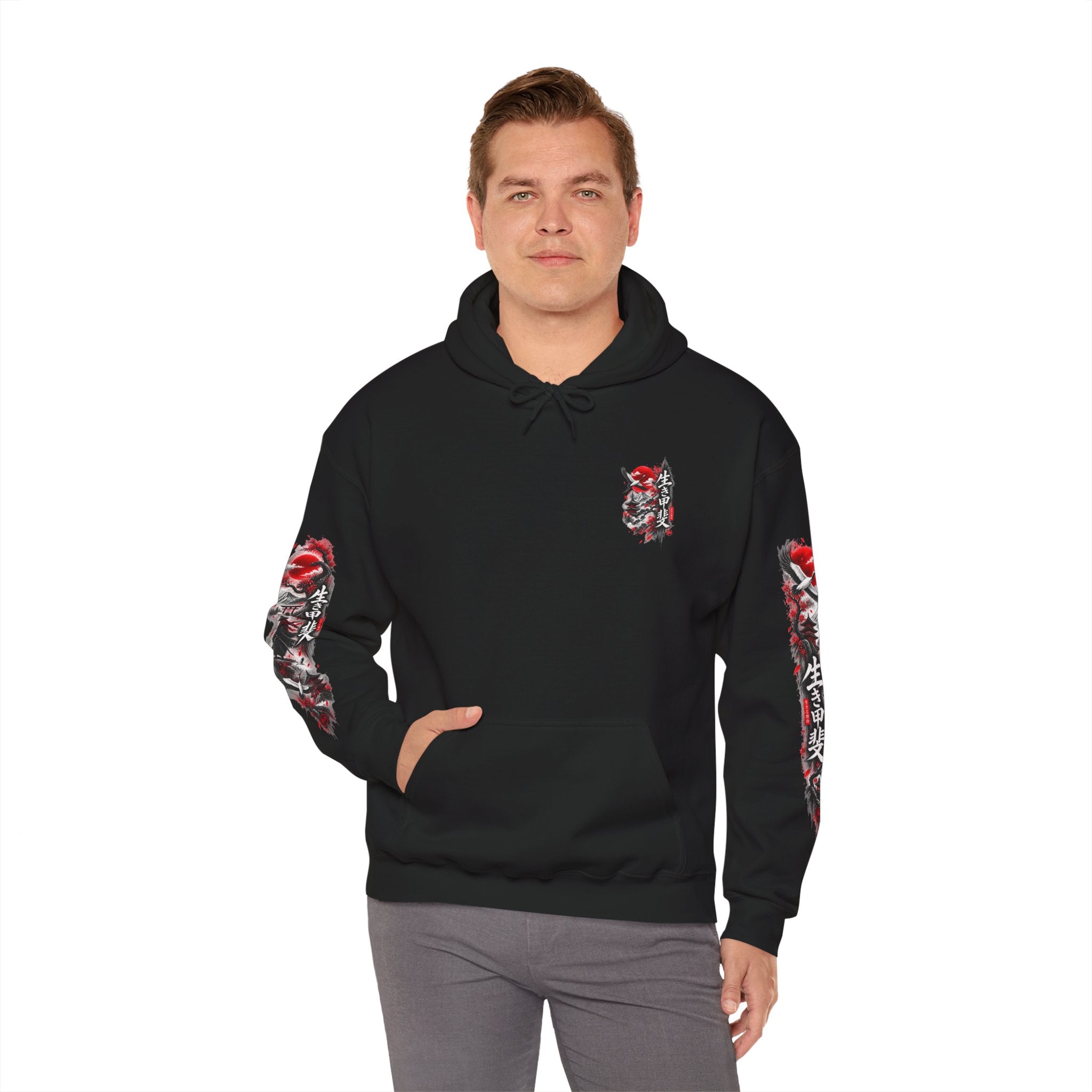 Japanese Oni Mask Hoodie – Red & Black Temple Graphic with Kanji Sleeve Art