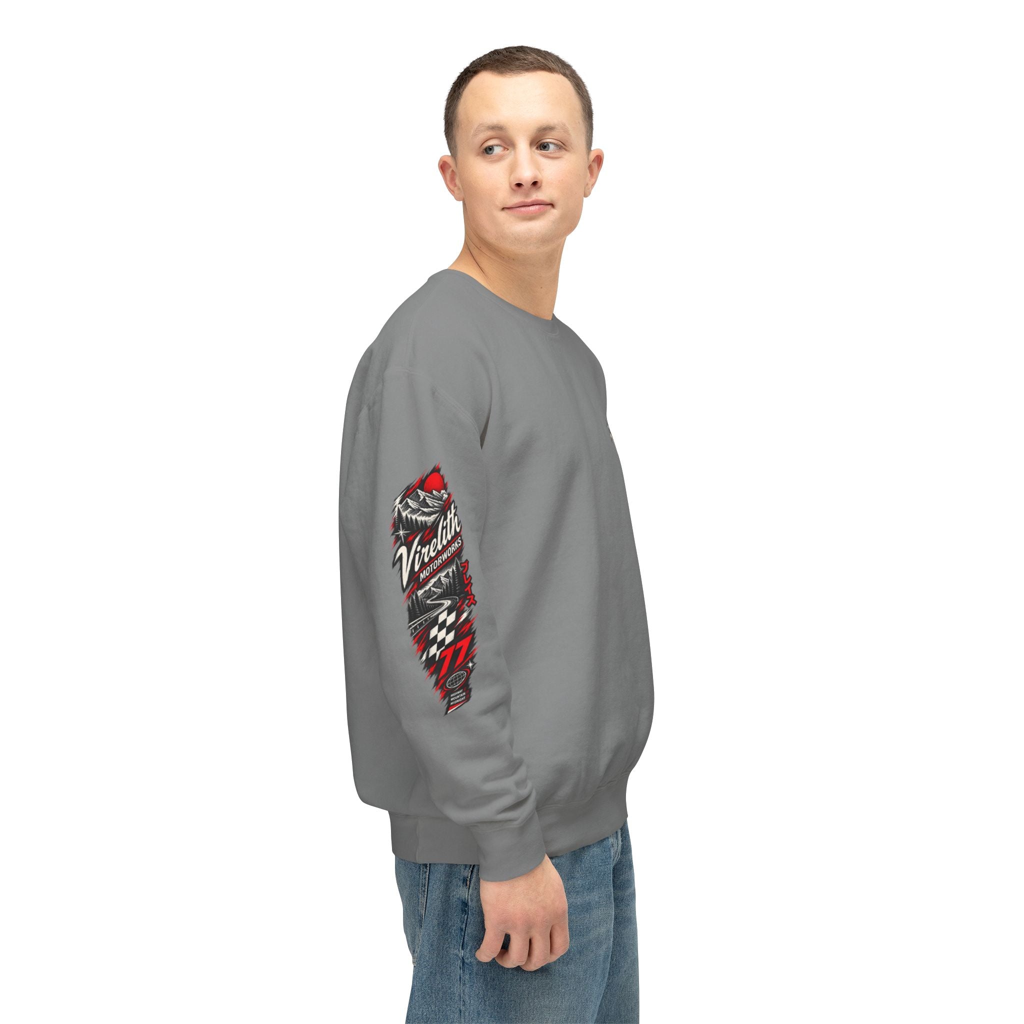 Motorworks Racing Crewneck Sweatshirt | Vintage Sleeve Graphic