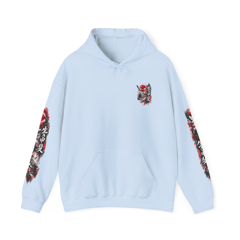 Japanese Oni Mask Hoodie – Red & Black Temple Graphic with Kanji Sleeve Art