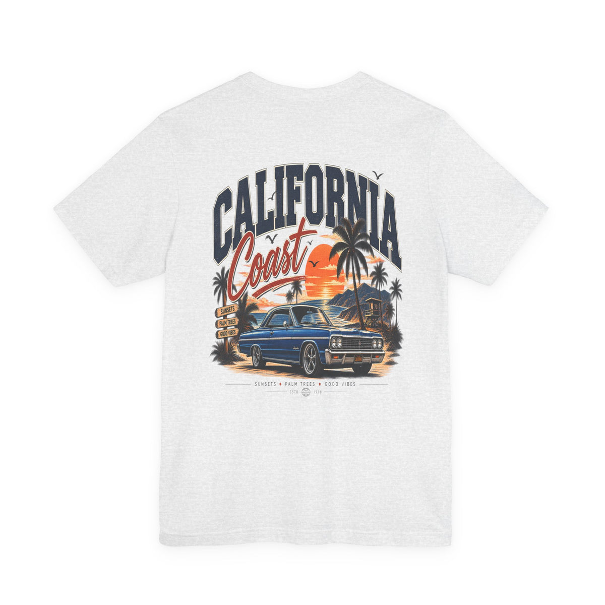 California Coast Pocket Tee — Retro Palm Surf Graphic