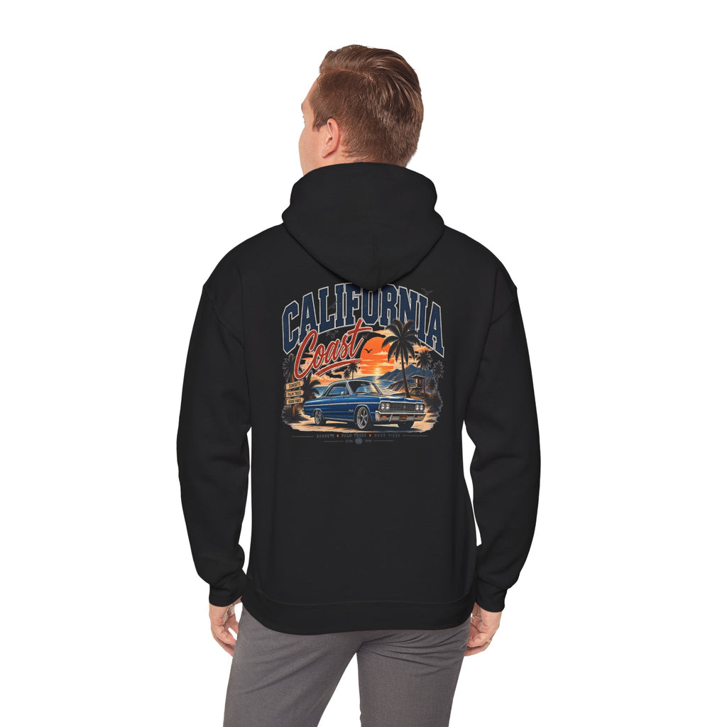 California Coast Hoodie — Vintage Car Sunset Palm Beach Graphic