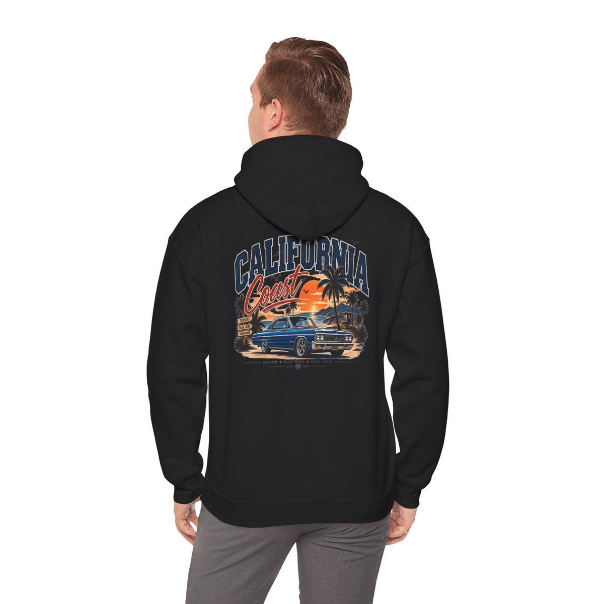 California Coast Hoodie — Vintage Car Sunset Palm Beach Graphic