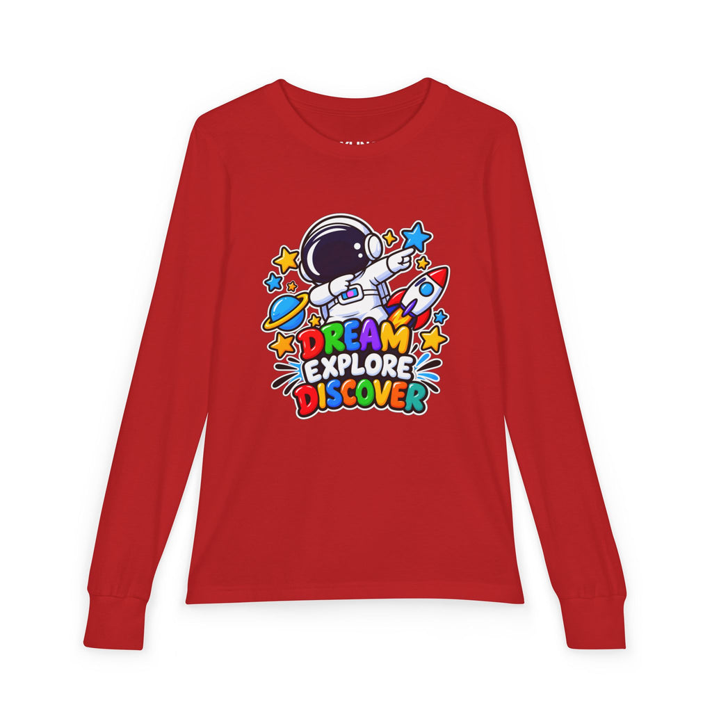 Youth Long Sleeve Tee — 'Dream Explore Discover' Colorful Space Kids Shirt
