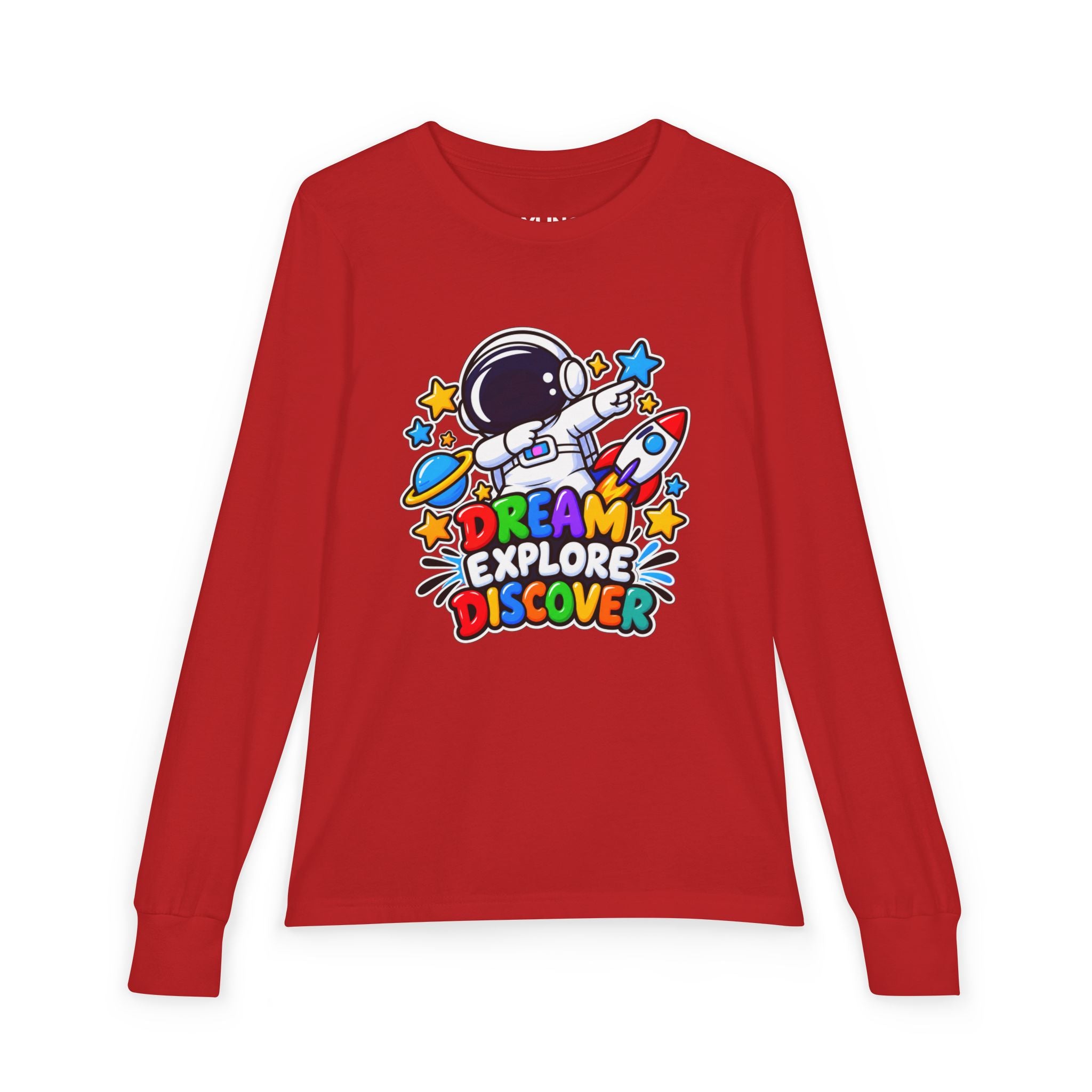 Youth Long Sleeve Tee — 'Dream Explore Discover' Colorful Space Kids Shirt